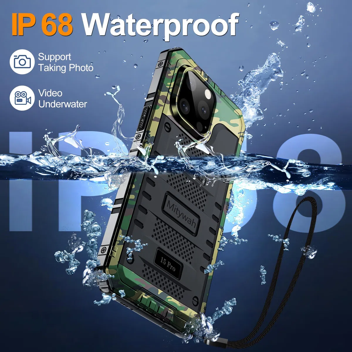 Mitywah Wasserdichte Hülle für iPhone 15 Pro, robuste, stoßfeste Hülle mit integriertem Displayschutz, Ganzkörper-Unterwasser-Schutzhülle, Metallhülle, 6,1 Zoll, Camouflage