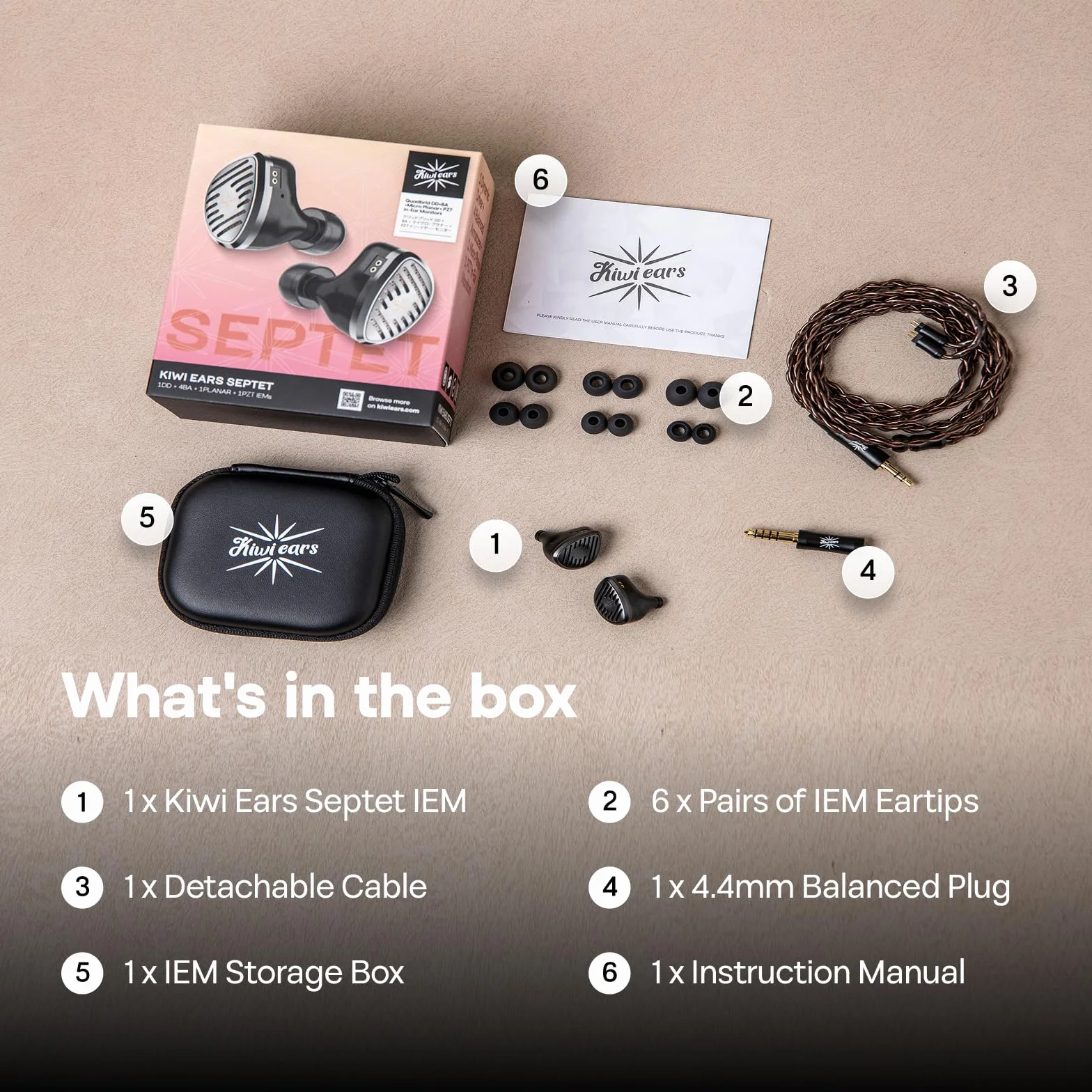 LINSOUL Kiwi Ears Septet 1DD 4BA 1 Planar 1 PZT Quadbrid IEM HiFi Ohrhörer mit 3,5 mm/4,4 mm modulares Kabel