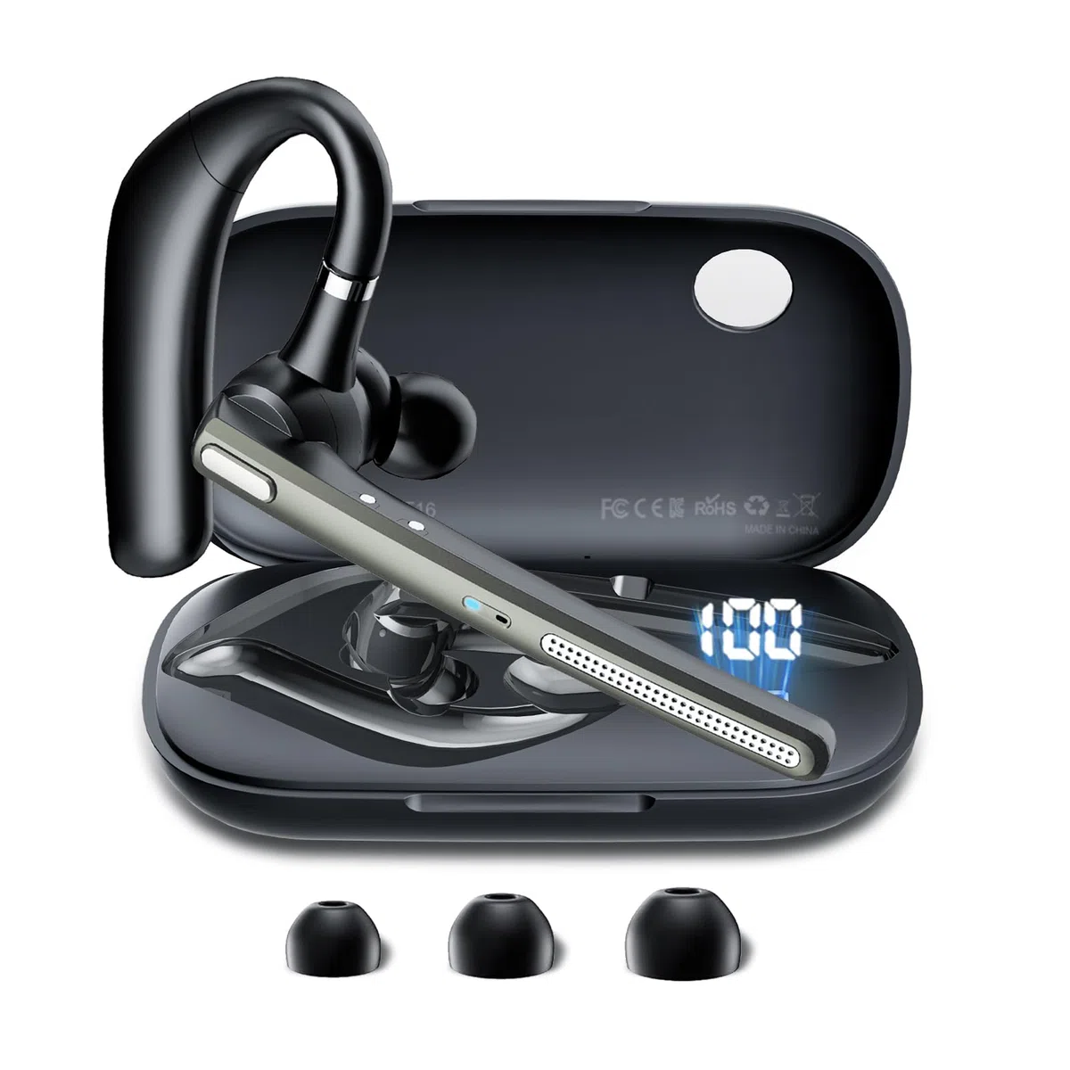 COTOE Bluetooth Headset V5.3 Kabelloser Ohrhörer mit 500 mAh Ladehülle Geräuschunterdrückung Mikrofon Schwarz