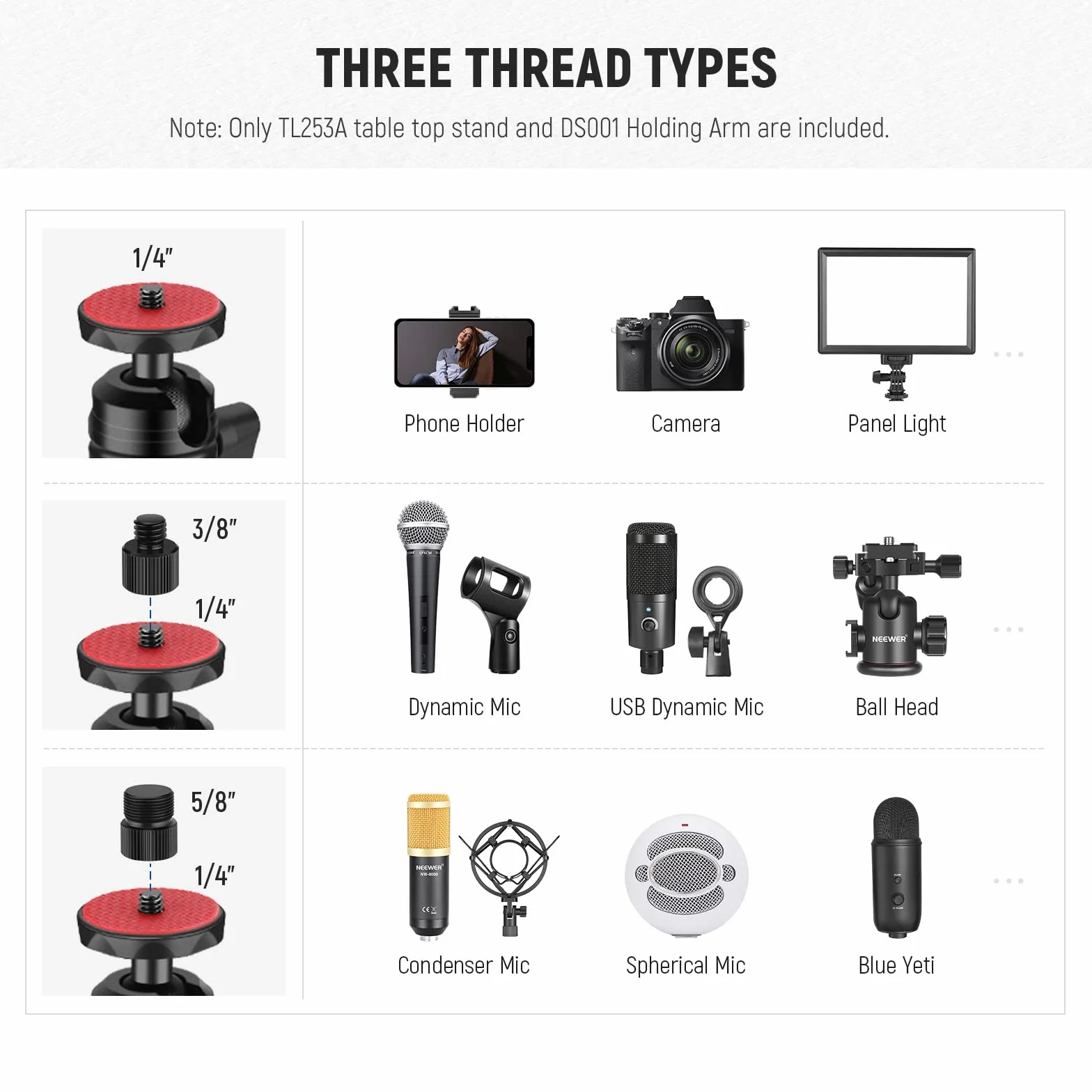 NEEWER Tisch Kamerastativ mit 2 Teleskopauslegern, Telefonhalter, Kugelköpfe, Schraubadapter, Tischleuchtenstativ für Kamera, Handy, Webcam, Ringlicht, TL253A+DS001