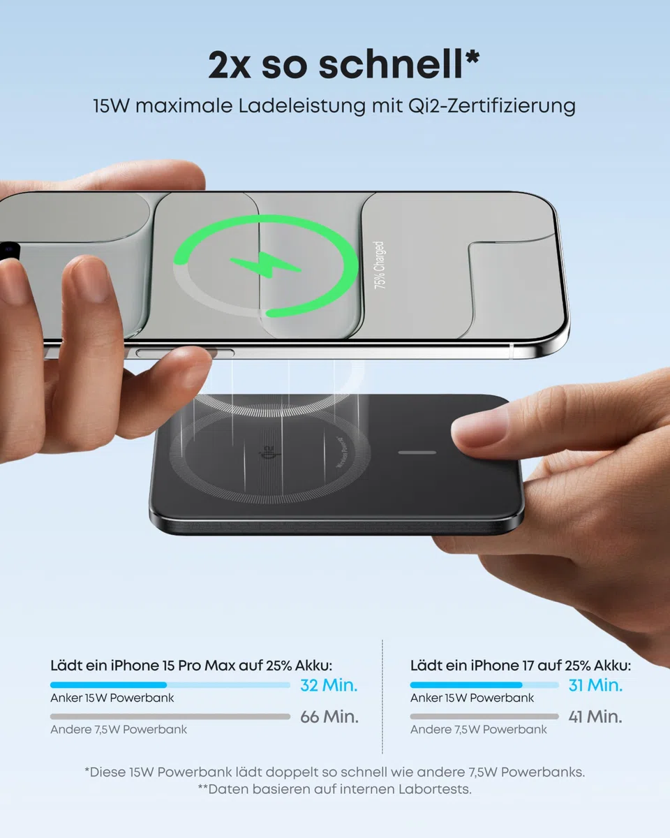 Anker Nano Powerbank 5000mAh Qi2 15W MagSafe-kompatibel tragbares Ladegerät für iPhone 17/16/15/14/13