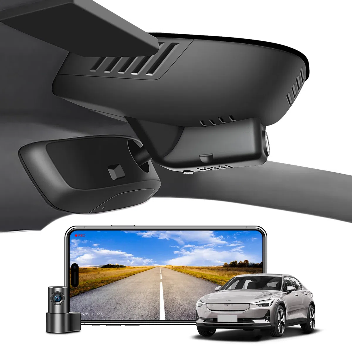 Volvo Polestar 2 Dash Cam 4K Front & 1080P Rear, UHD 2160P, WiFi, Loop Recording, 128GB