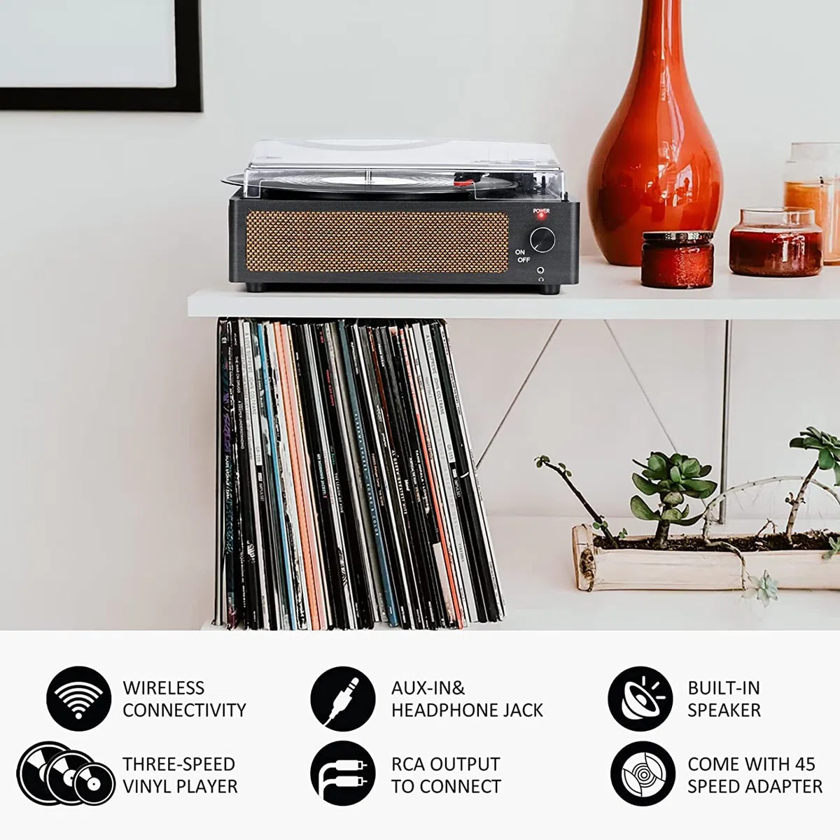 Trynnay Plattenspieler mit Lautsprecher Vinyl Schallplattenspieler Wireless LP Phonograph mit Eingebauten Stereo-Lautsprechern 3-Gang-Riemenantrieb Plattenspieler mit Lautsprechern Vintage-Kohle