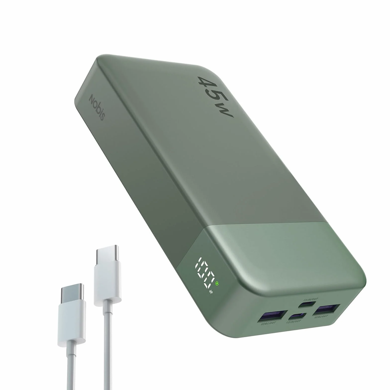 NOBIS Power Bank, Powerbank 20000mAh, 45W Externe Handyakkus Schnellladen, Externer Akku mit C zu C Kabel, Tragbares Ladegerät mit Digitalanzeige für Phone Android Laptop etc(Grün)