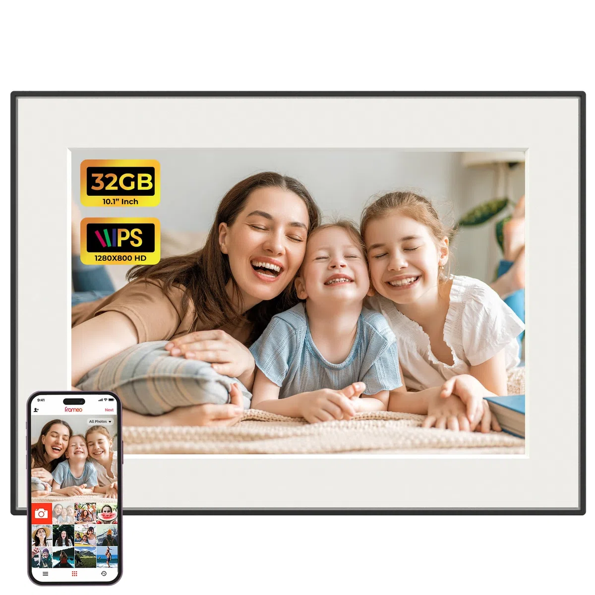 Frameo WiFi Digitaler Bilderrahmen 10,1 Zoll 32GB 1280x800 IPS HD Touch Screen Automatische Drehung