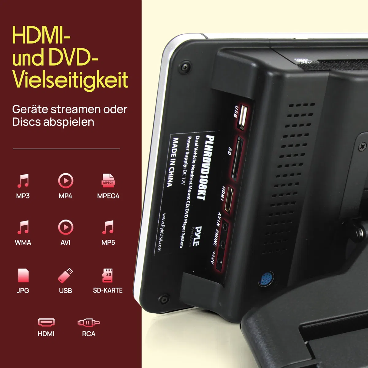 Pyle DVD Player Auto - 2 Kopfstützen Monitore 10,5" (27 cm) für Rücksitz - HDMI Auto Fernseher für Kinder mit Kopfhörer, USB SD AV In/Out