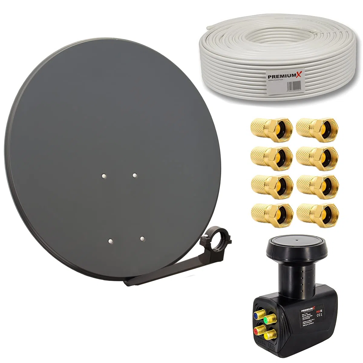PremiumX Satelliten-Komplettanlage 80cm Satellitenschüssel Anthrazit SAT Quad LNB 50m Kabel 8X F-Stecker für 4 Teilnehmer