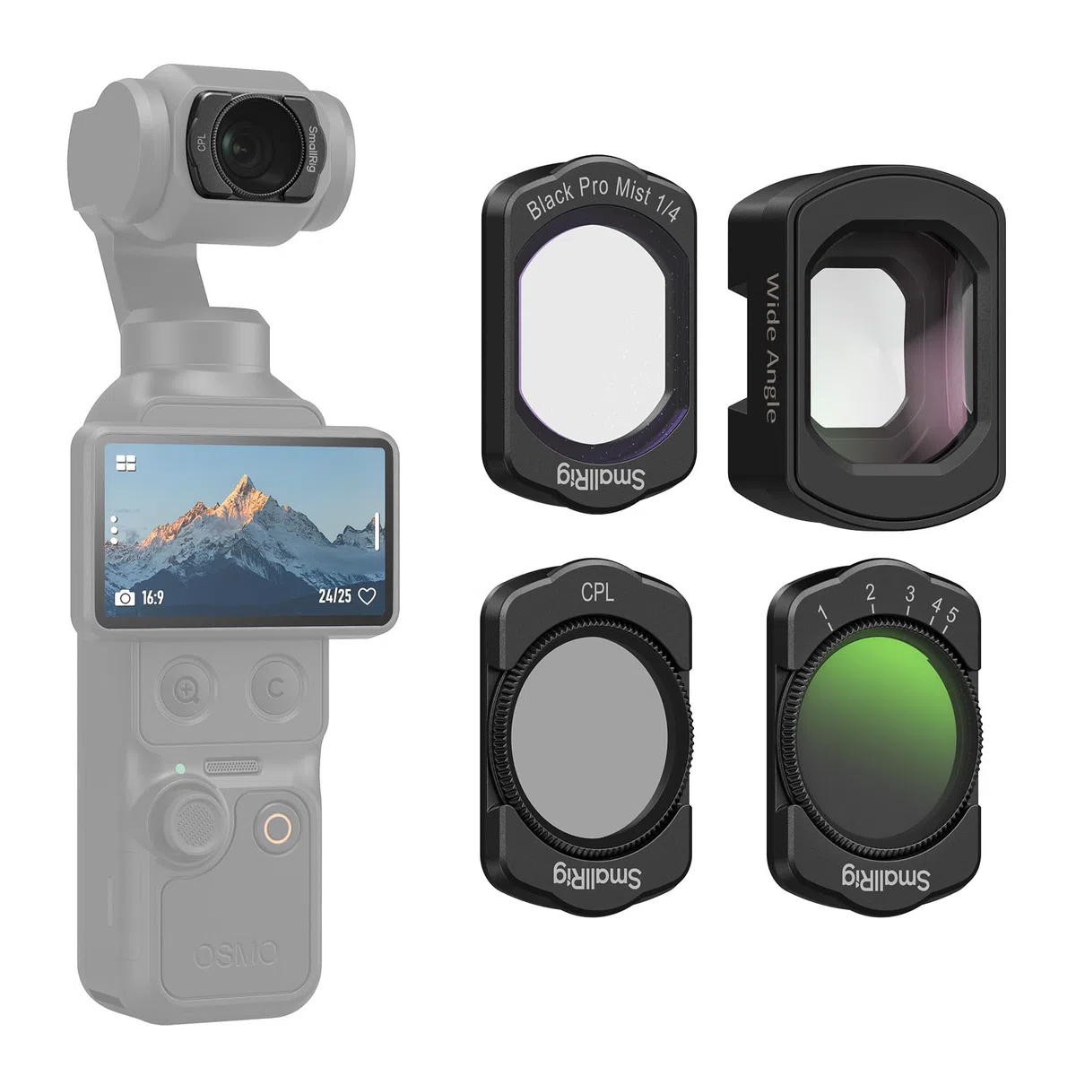 SMALLRIG Magnetisches Weitwinkelobjektiv- & ND- & CPL- & Effektfilter-Set für DJI Osmo Pocket 4/3, 4 Pack Weitwinkelobjektiv, CPL, 1/4 Black Diffusion, verstellbare ND2-32 Filter, HD-Optisc Glas -5834