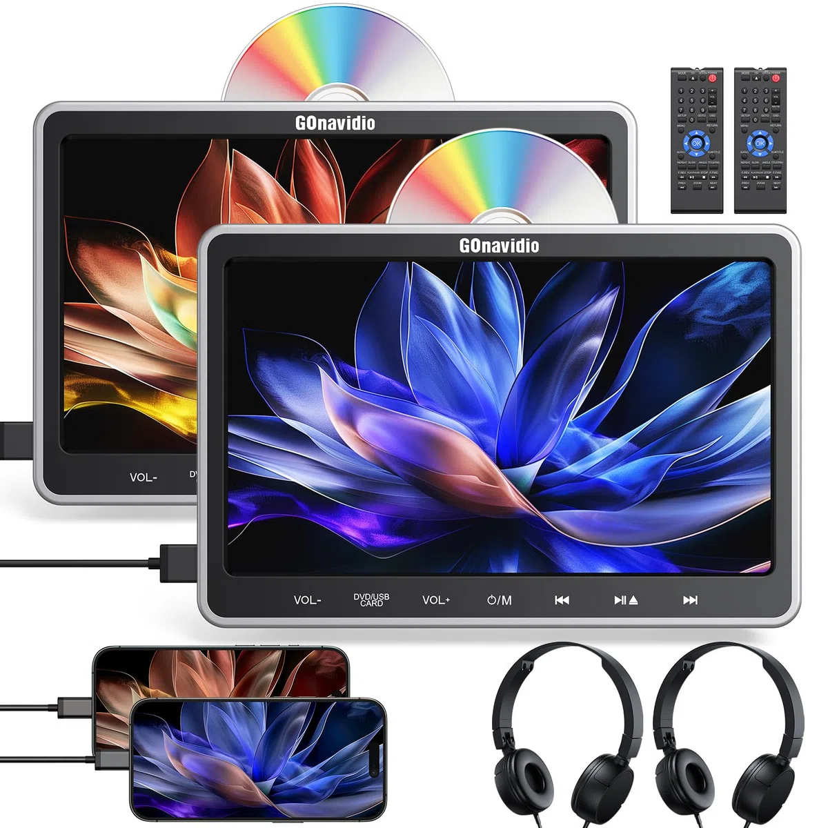 GOnavidio 10,5" DVD Player Auto 2 Bildschirme, Tragbarer Auto DVD-Player mit HDMI-Eingang, Slot-Loading-Disc, 2 Kopfhörer und Kopfstützenhalterung, Unterstützt Letzter Speicher, USB/TF-Karte