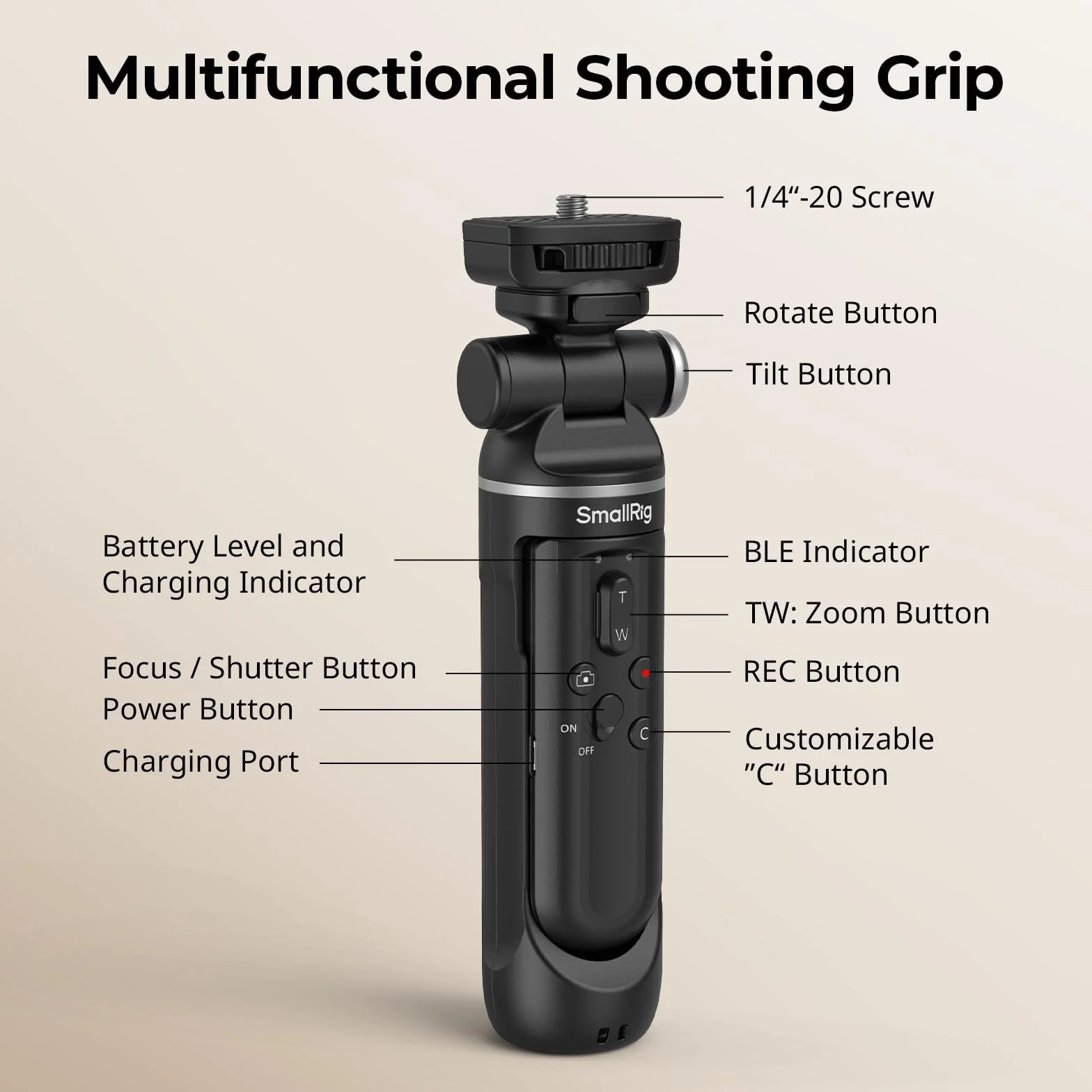 SMALLRIG SR-RG2 Multifunktionaler kabelloser Aufnahmegriff, Verstellbarer Selfie-Stick, ferngesteuerte Kamera, für Nikon, für Canon, für Sony, für Vlogging, Live-Streaming, tägliches Filmen – 4551