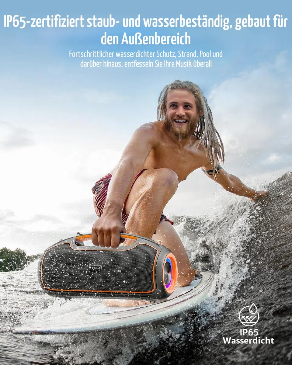 Bluetooth Lautsprecher 200 W max, Tragbare Musikbox Bluetooth 5.4 mit 2 Subwoofern & 2 Hochtönern,Bass Boost,24h Akku,TWS,IP65 wasserfest Outdoor Lautsprecher für Party, Baustelle,Camping,Zuhause
