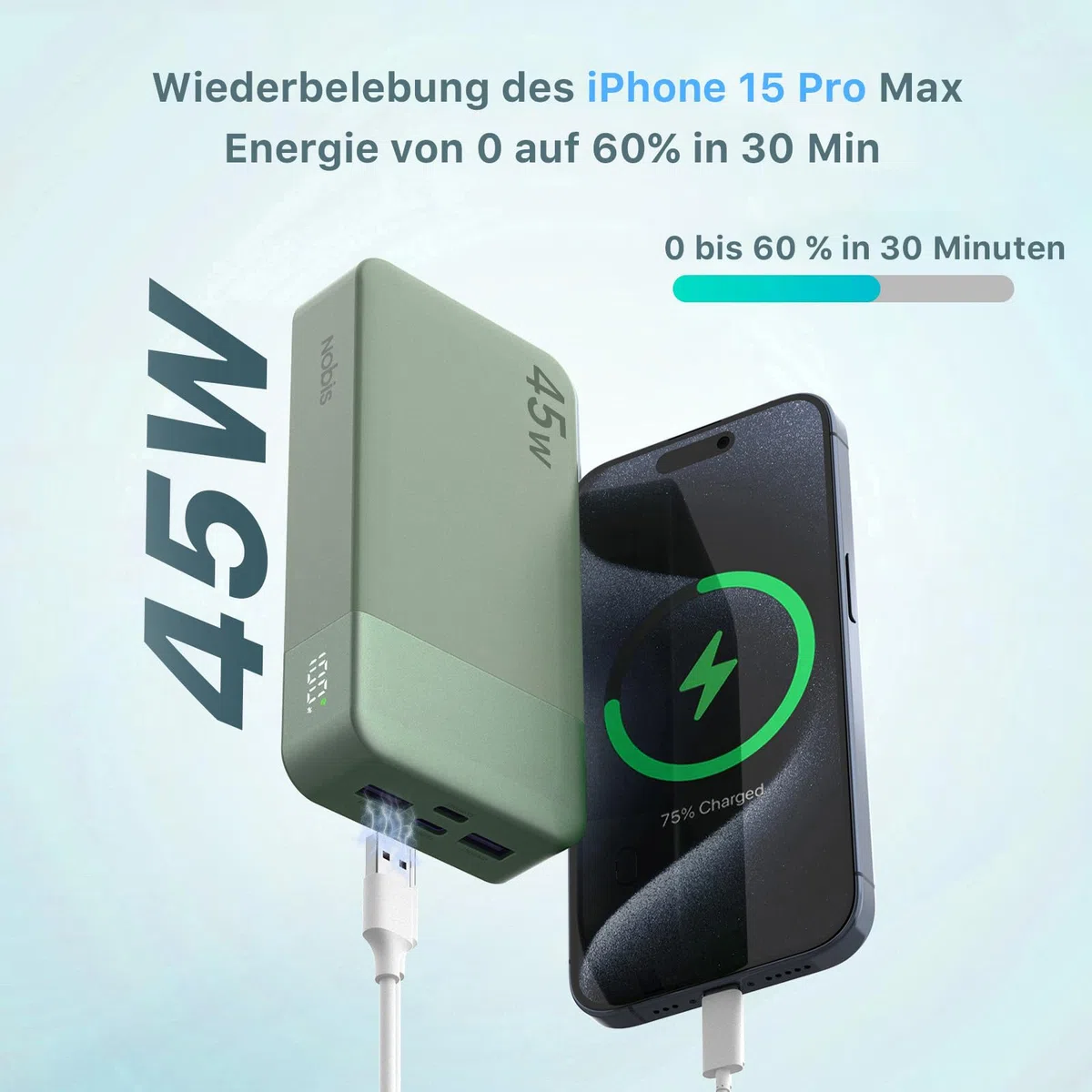 NOBIS Power Bank, Powerbank 20000mAh, 45W Externe Handyakkus Schnellladen, Externer Akku mit C zu C Kabel, Tragbares Ladegerät mit Digitalanzeige für Phone Android Laptop etc(Grün)
