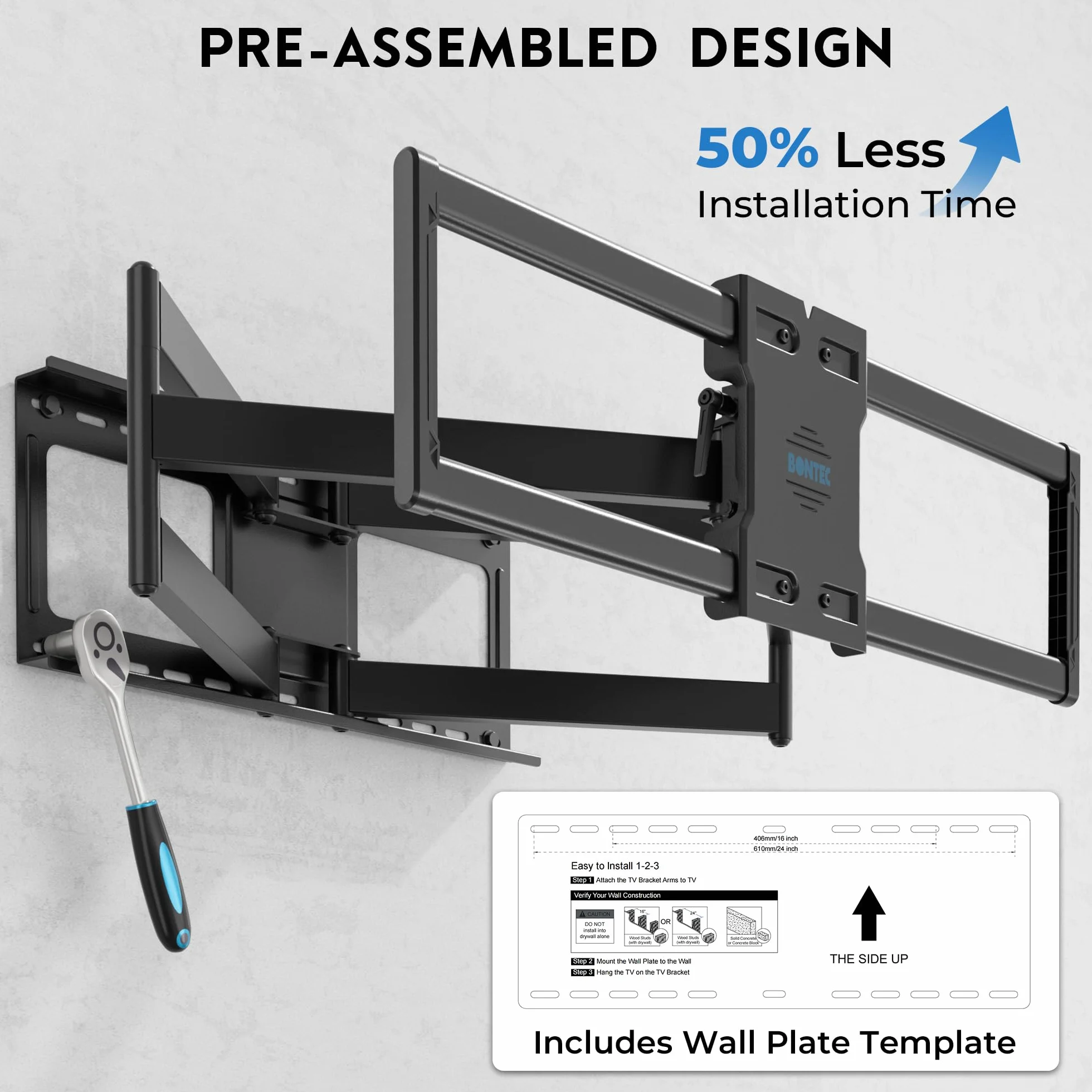 BONTEC TV Wandhalterung für 60–110 Zoll Fernseher bis 125 kg, Doppelarm 1016 mm Auszug, neigbar schwenkbar, VESA 800 x 600 mm