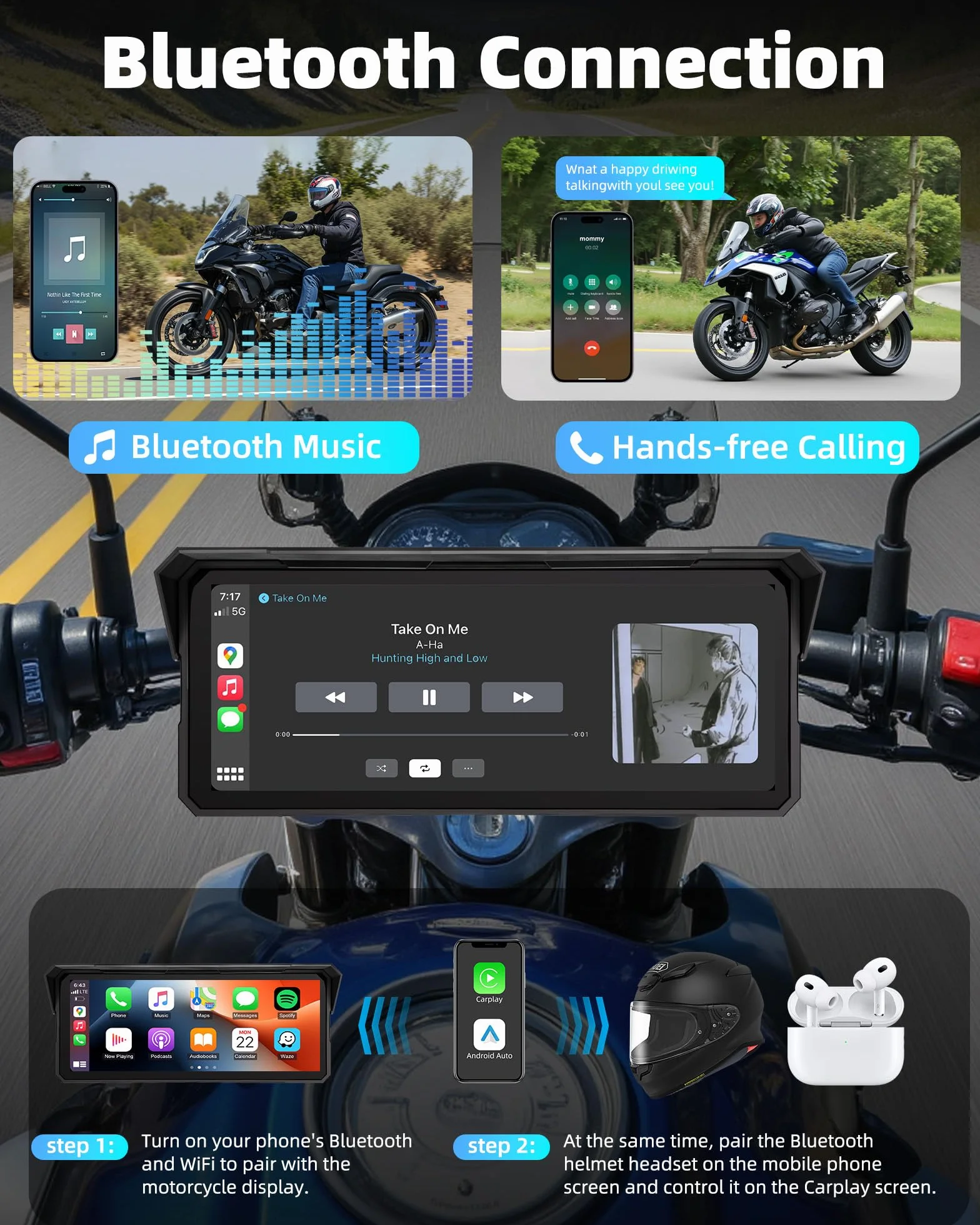 8,1 Zoll Motorrad Carplay Drahtloses Carplay und Android Auto für Motorräder, IP67 Wasserdichtes Touchscreen Motorrad Navi GPS, Bluetooth-Audio, Siri und Google