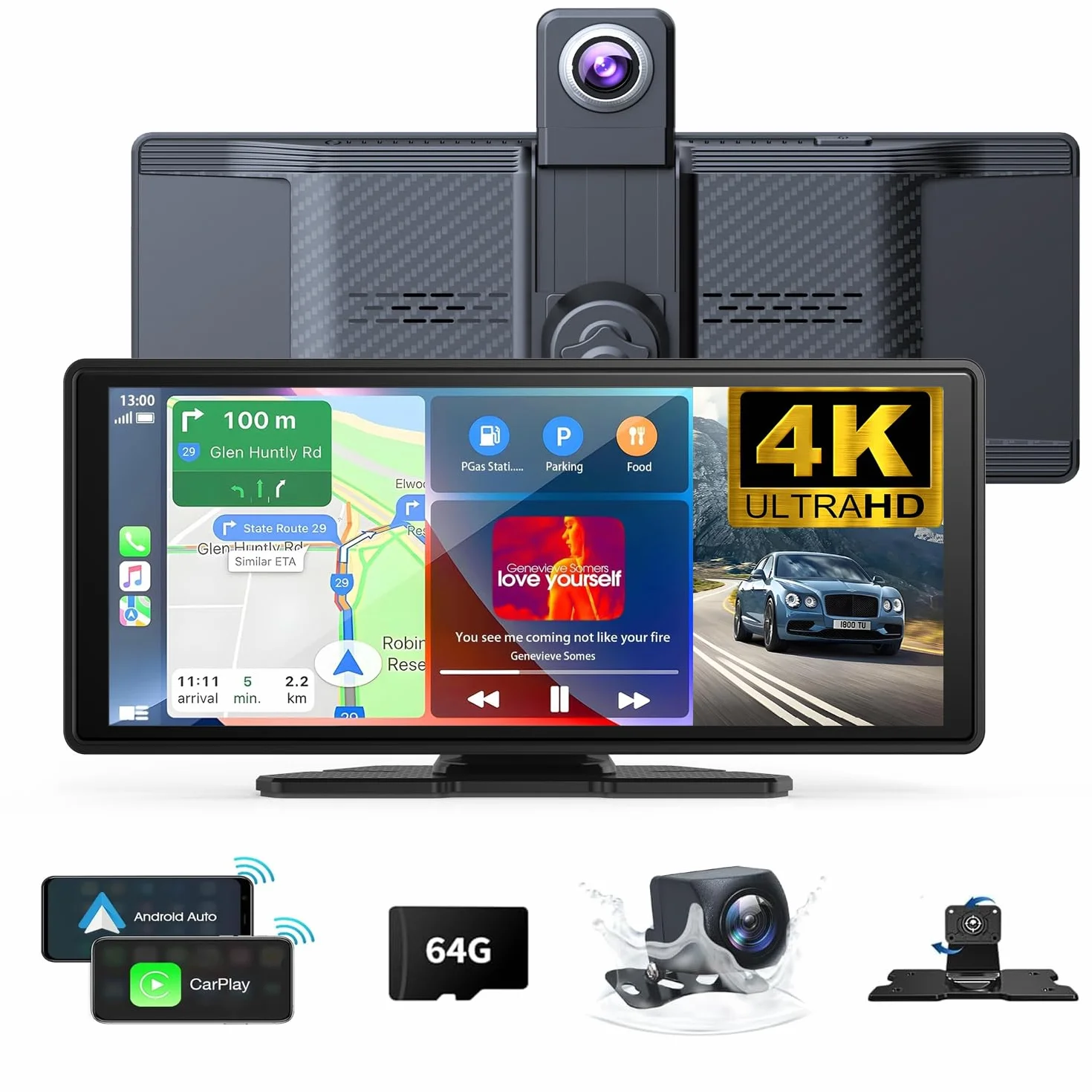 10.26" Wireless Carplay Screen 360 Rotation 4K Dash Cam Carplay/Android Auto Auto Stereo Auto Audio Empfänger mit 1080p Backup Kamera GPS Navigation/Spiegel Link/Sprachsteuerung/Siri