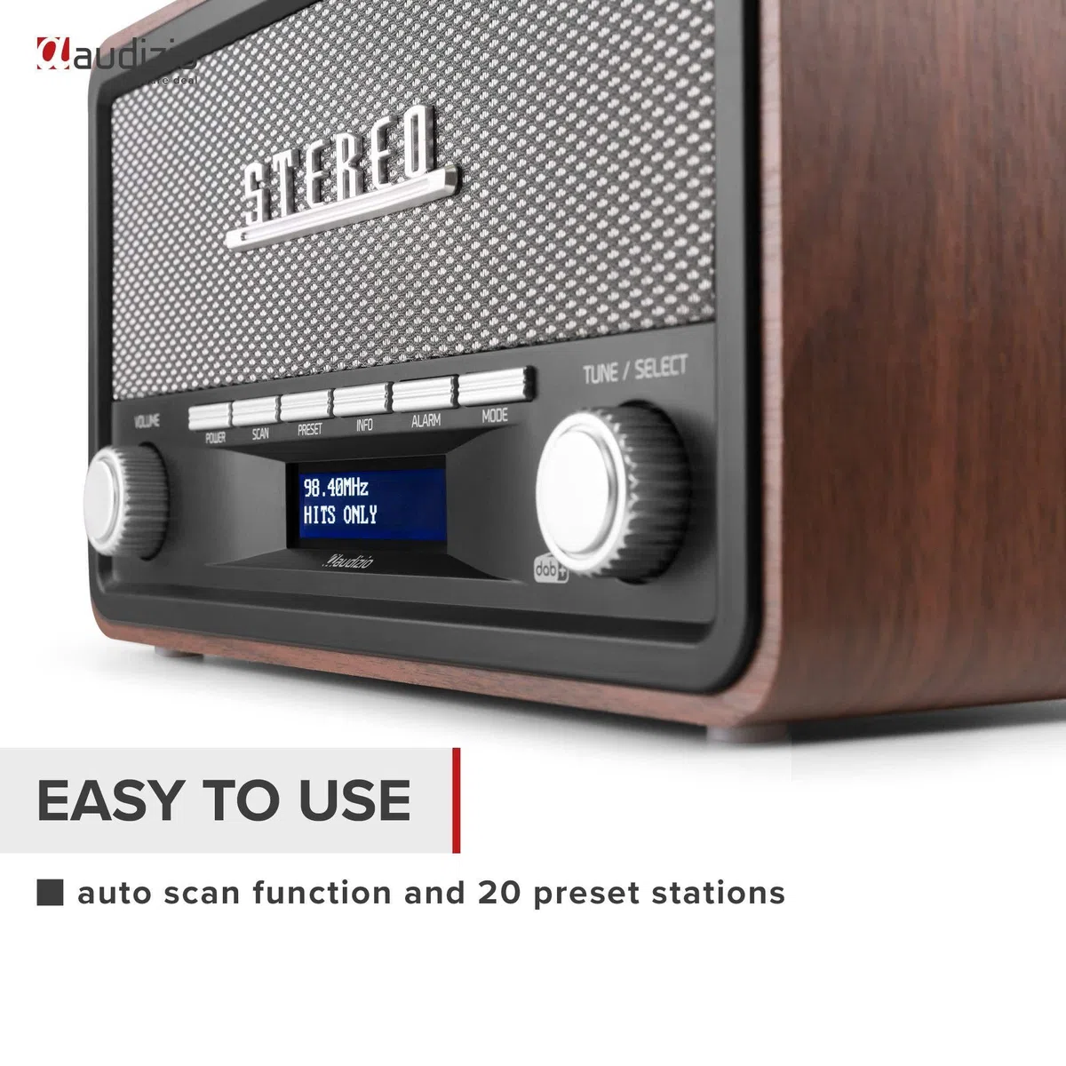 Audizio Foggia, Retro Radio, DAB Plus Radio, Bluetooth, Batterie- Netzbetrieb, Radiowecker, FM, 20 Speicherplätze, AUX, Alarm Küchenradio Vintage, Grau