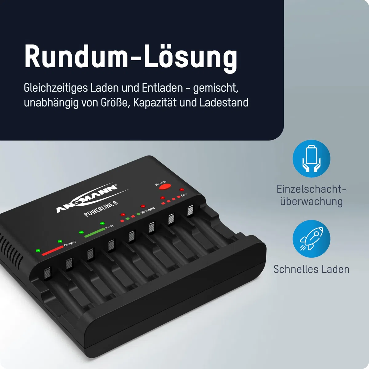 Powerline 8 Intelligentes Schnellladegerät für AA/AAA Akkus mit LED-Anzeige Defekterkennung und Überladeschutz
