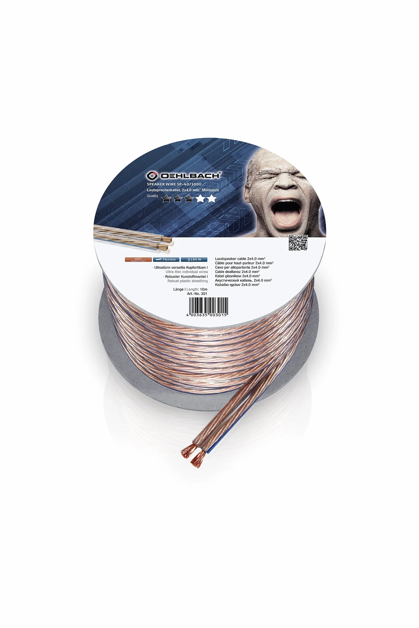 Oehlbach Speaker Wire SP-40 - Stereo HI-FI Lautsprecherkabel - Boxenkabel mit OFC (sauerstofffreies Kupfer) 2x4,0 mm² - Mini Spule Lautsprecher Kabel - Glasklar 10 Meter