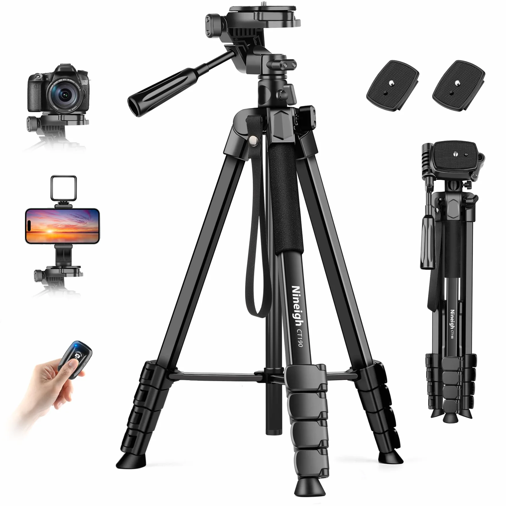 Nineigh Kamera Handy Stativ, 190cm Horizontal Stativ for Smartphone mit Fernauslöser, Leichtes Aluminium Camera Tripod mit 3 Wege Kopf, Fotostativ Kamera Reise für iPhone/Samsung/Huawei/DSLR