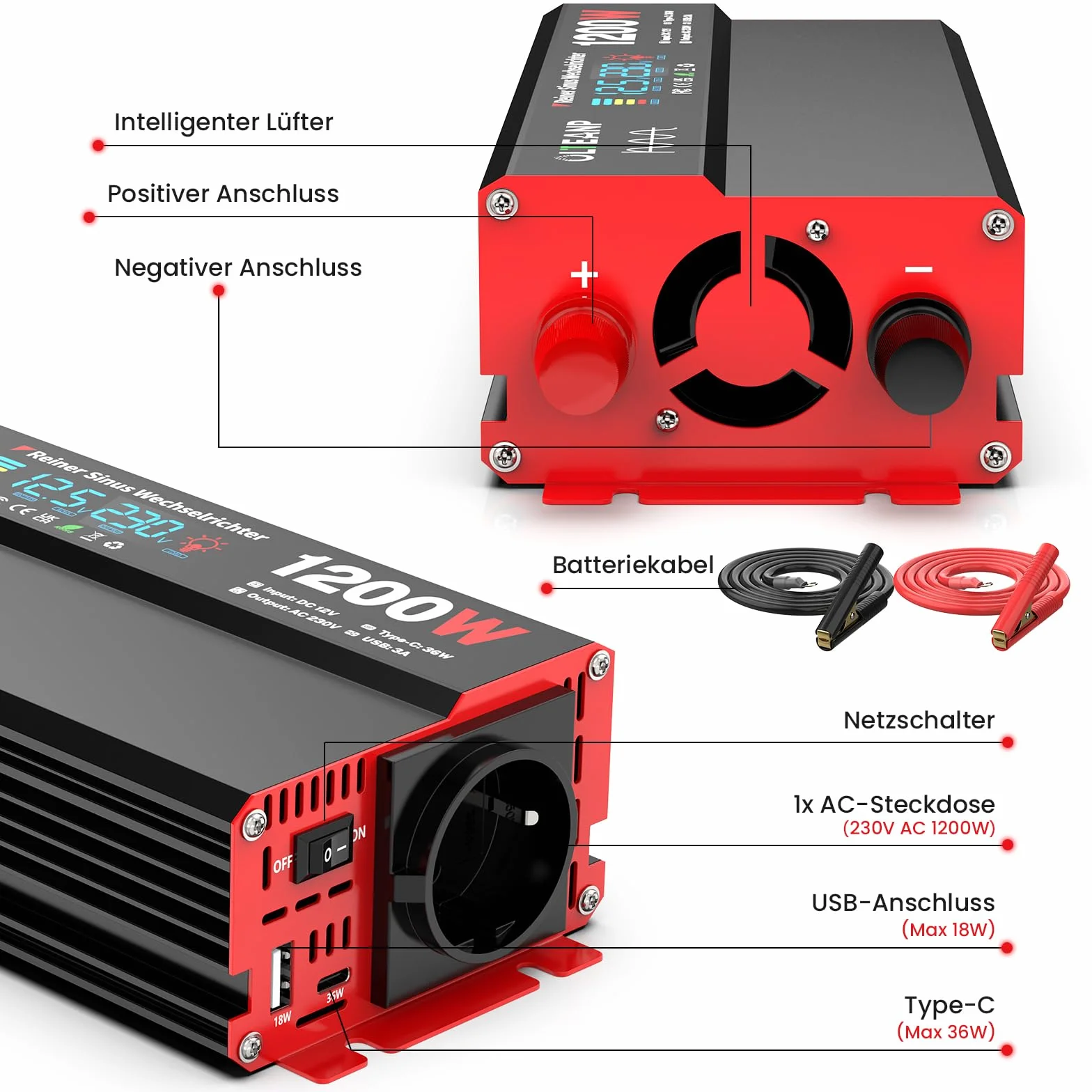 OLTEANP Wechselrichter 12V auf 230V Reiner Sinus,Spannungswandler 1200W Inverter mit LCD-Bildschirmanzeige, AC-Steckdosen, 36W Typ-C-Anschluss, 5V/3A USB-Anschluss für LKW,Zuhause,Fahrzeuge
