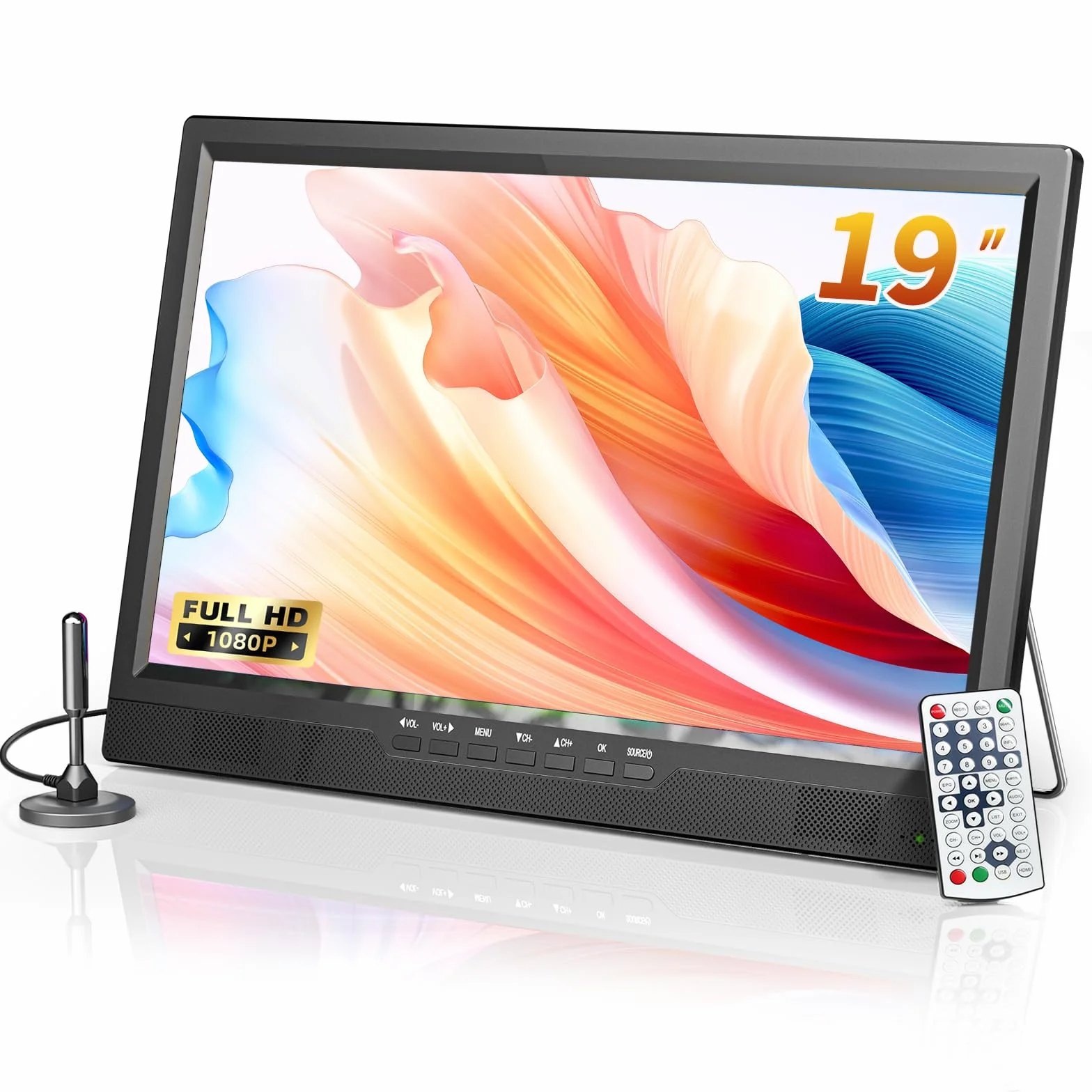 DESOBRY 19-Zoll Fernseher, 1080P Kleiner Fernseher DVB-T2-Tuner mit Antenne, Wiederaufladbarer TV HDMI AV USB Eingang, Tragbarer 12V TV für Camping, Wohnmobil, küchen