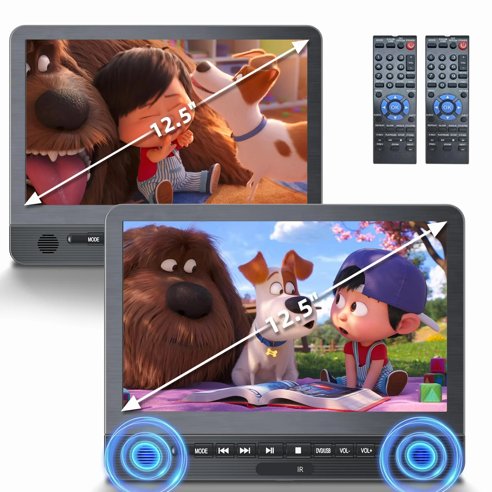 DESOBRY 12,5'' Auto DVD Player 2 Bildschrime Mit 5 Stunden wiederaufladbarer Akku, Zwei Auto-Bildschirm, Kopfstütze Fernseher Kinder TV Last Memory USB AV In/Out 12V