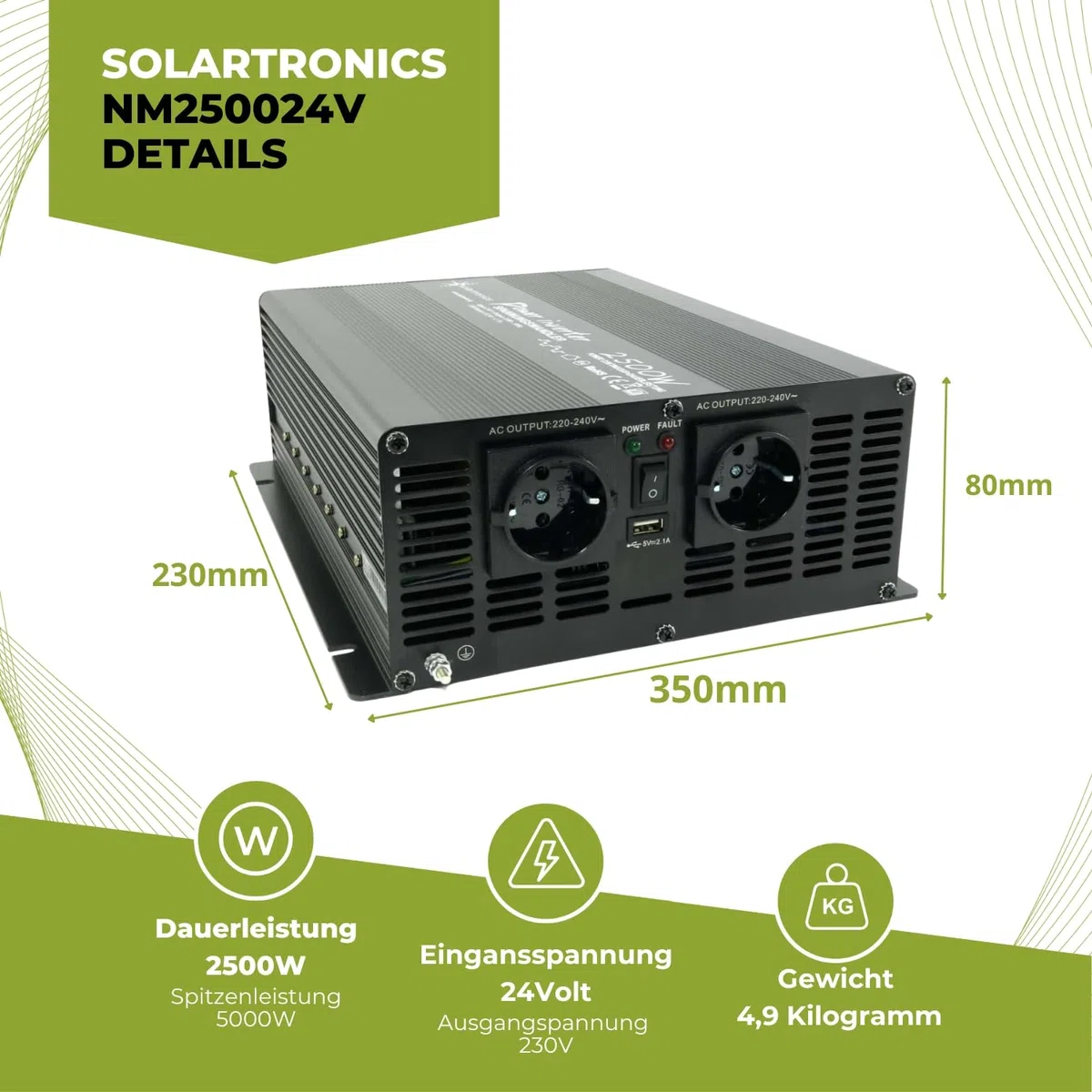 SOLARTRONICS NM2500 Spannungswandler 24V 230V modifizierter Sinus 2500W - 5000W Spitzenleistung - Wechselrichter 24V auf 230V Stromwandler mit Schuko-& USB Anschluss Solar Inverter Umwandler