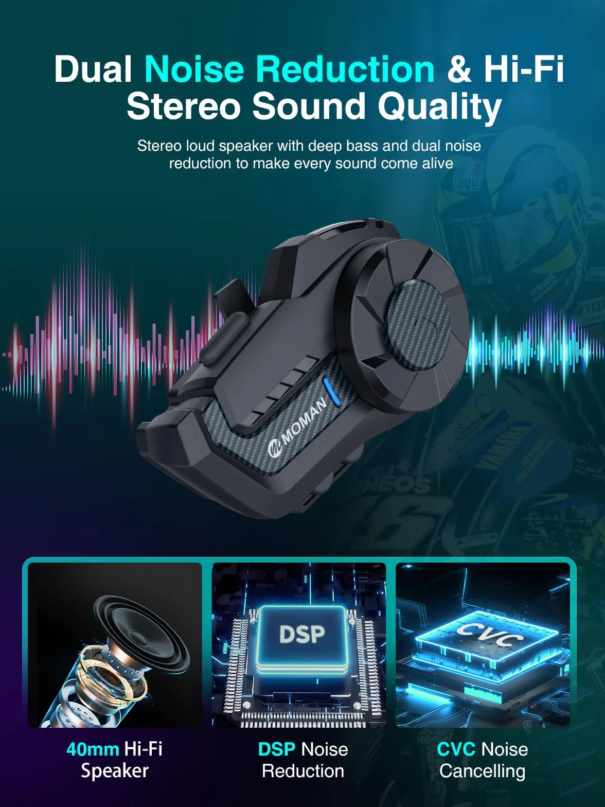 Moman H2 Pro Motorrad Intercom Headset Wireless 5.1 Kommunikationssystem 1000M FM Radio Wasserdicht