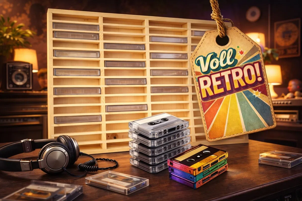 FabaCare MC-Kassetten Regal aus Holz – 60 Fächer, Sammler-Display für Audiokassetten, Musikkassetten-Regal, für Hörspielkassetten, Kassetten-Wandboard aus Naturholz, Farbe: buche