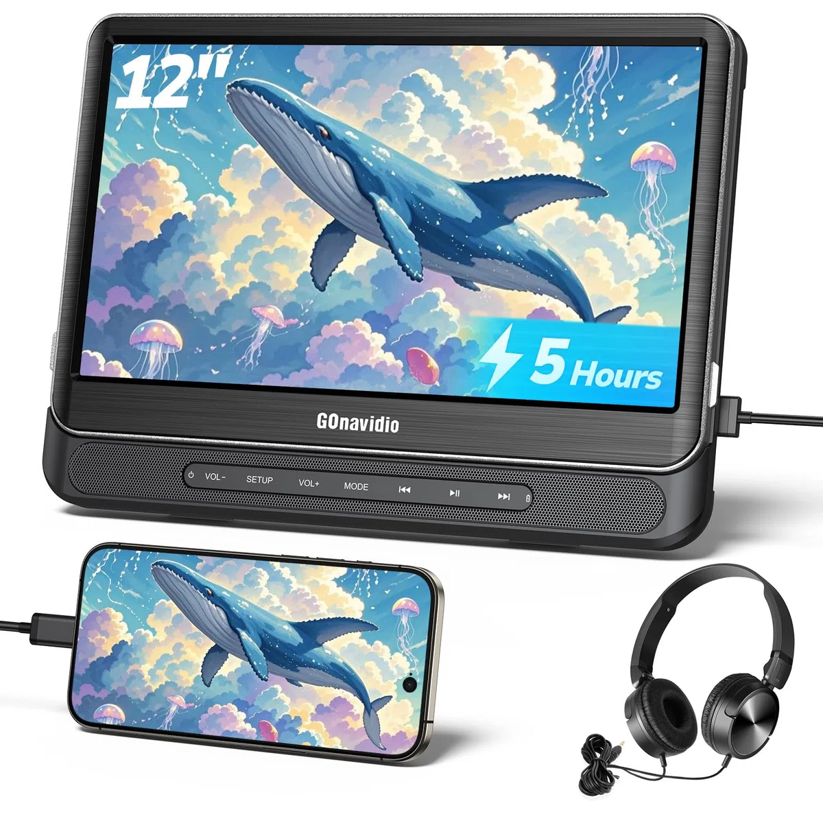 12'' Auto DVD Player für Kinder mit HDMI-Eingang, Tragbarer DVD-Player unterstützt USB/TF-Karte, AV-EIN- und -Ausgang, regionenfrei, letzter Speicher