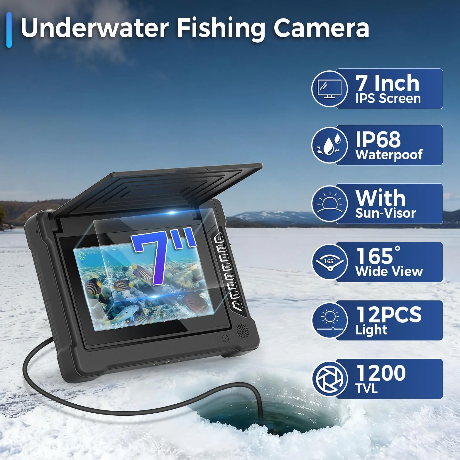 Unterwasser-Angelkamera mit 17,8 cm (7 Zoll) IPS-Display und Visier, HD-Kamera, 1200 TVL, Weitwinkel, 6 weiße LEDs + 6 Infrarot-LEDs, wasserdicht, IP68, für Eis/Meer/See