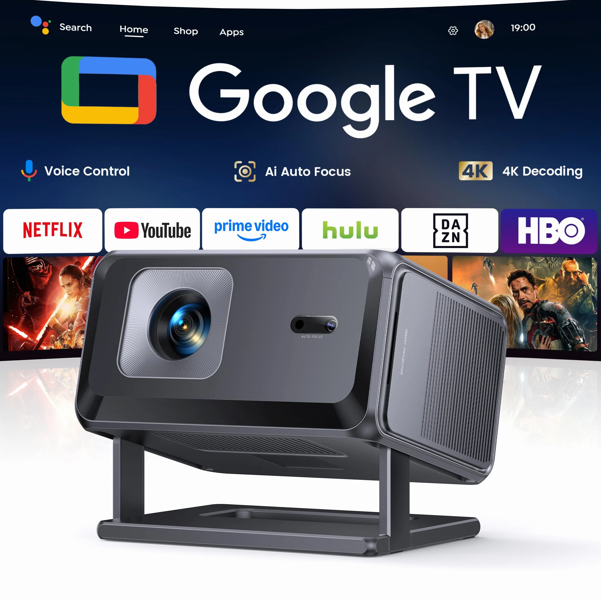 Google TV Beamer 4K Smart Heimkino 1080P FHD Autofokus Trapezkorrektur WiFi Bluetooth Tragbarer Projektor Drehständer