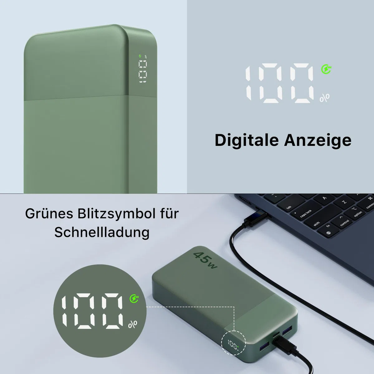 NOBIS Power Bank, Powerbank 20000mAh, 45W Externe Handyakkus Schnellladen, Externer Akku mit C zu C Kabel, Tragbares Ladegerät mit Digitalanzeige für Phone Android Laptop etc(Grün)