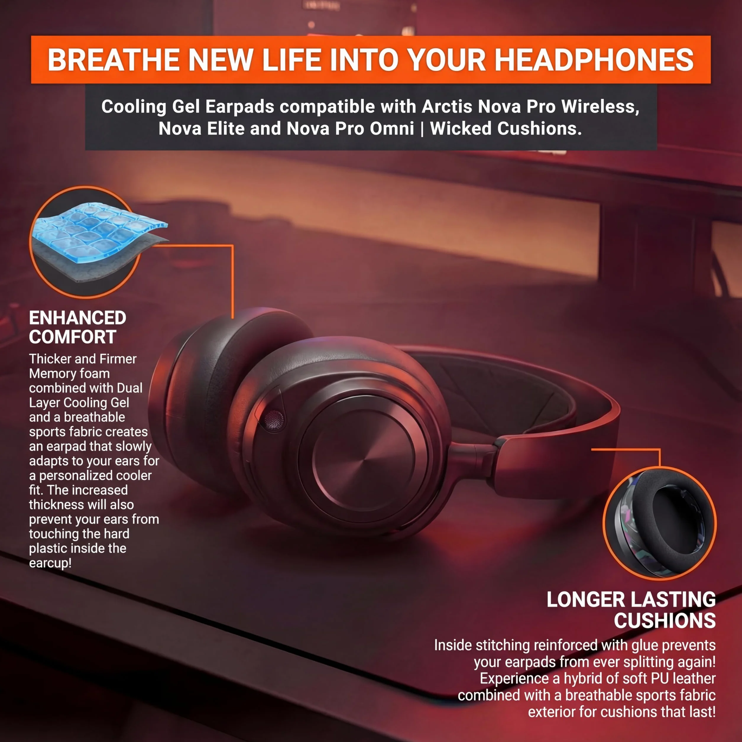WC Freeze Nova Pro Wireless – Kühlende Gel-Ohrpolster für Arctis Nova Pro Wireless, Nova Elite & Nova Pro Omni (Passt Nicht auf andere Modelle), von Wicked Cushions | Black