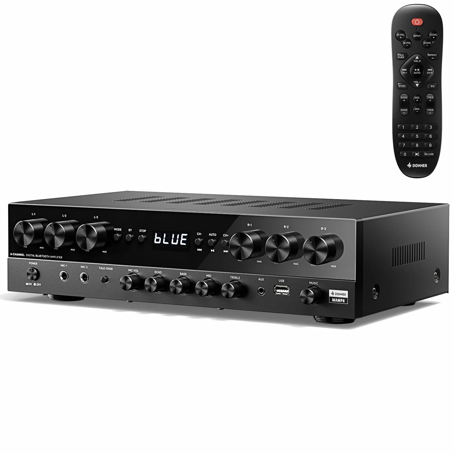 Donner Stereo Verstärker, 6-Kanal Verstärker mit 1000 W Maximalleistung und Bluetooth 5.3, USB, FM, 2 Mikrofoneingängen, Cinch, Glasfaser/Koaxial Eingang für Heim, Karaoke und Kinolautsprecher, MAMP6