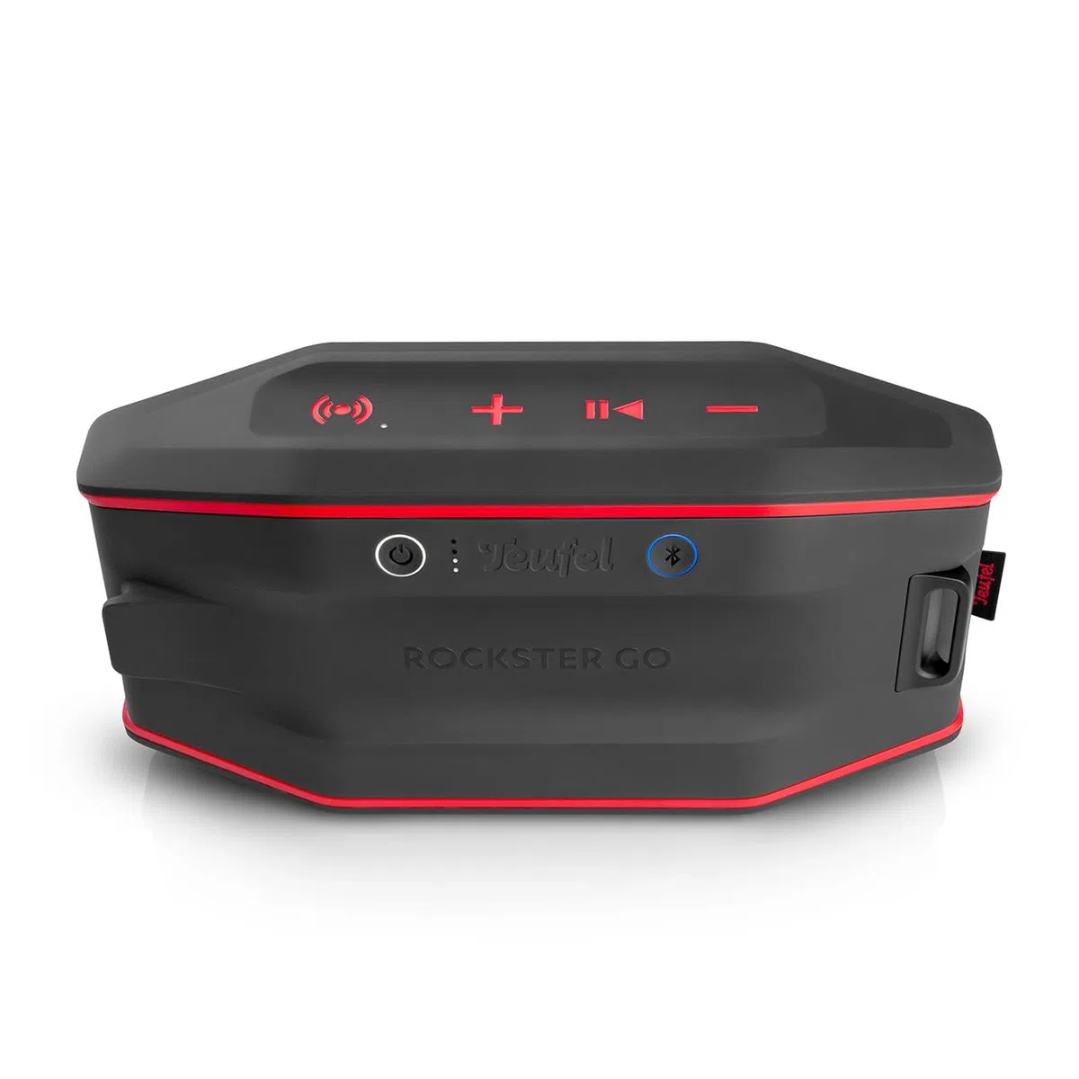 Teufel ROCKSTER GO 2 Bluetooth Speaker - Tragbarer Lautsprecher für draußen, mit Langer Akkulaufzeit (28 h), Wasserdicht IP67, Wireless Musikstreaming, USB Soundcard, Outdoor - schwarz/rot