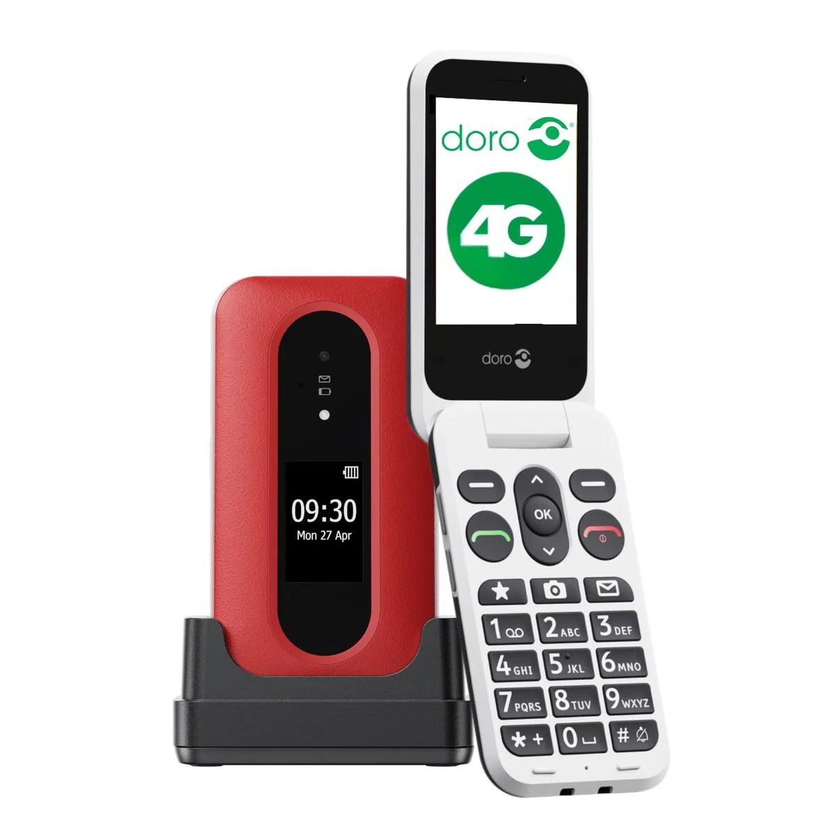 Doro - Leva L30 - Seniorenhandy - 4G-Klapphandy ohne Vertrag - Externes Display - HD-Audioqualität - Kamera - Notruftaste mit GPS - Inklusive Ladestation - Rot/Weiß