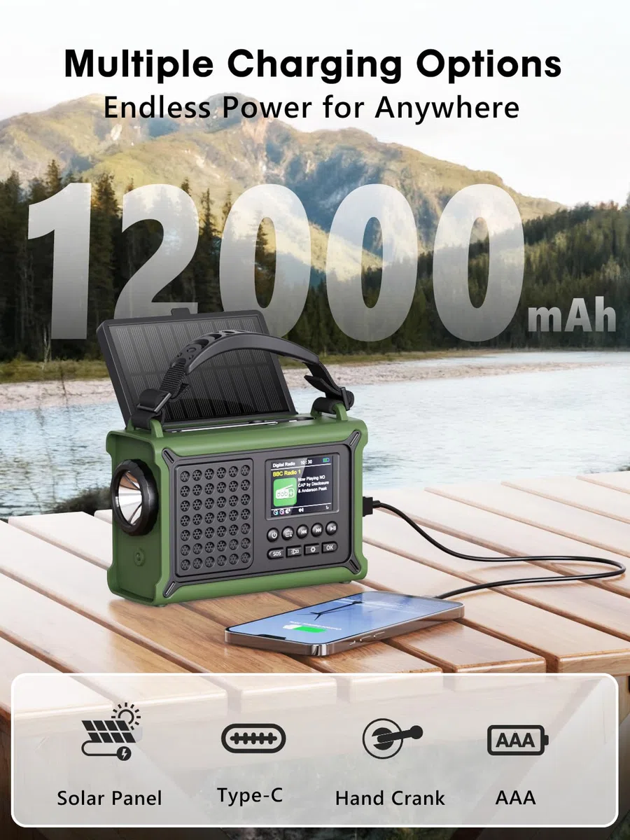 ROCAM Tragbares DAB+ Radio mit Bluetooth, 12000mAh Kurbelradio mit 8500mm² Solarpanel & 650mA Kurbel, DAB/UKW Digital Radio mit 2,4" Farbdisplay, 80 Sender, LED-Taschenlampe, SOS, IPX6 für Notfälle