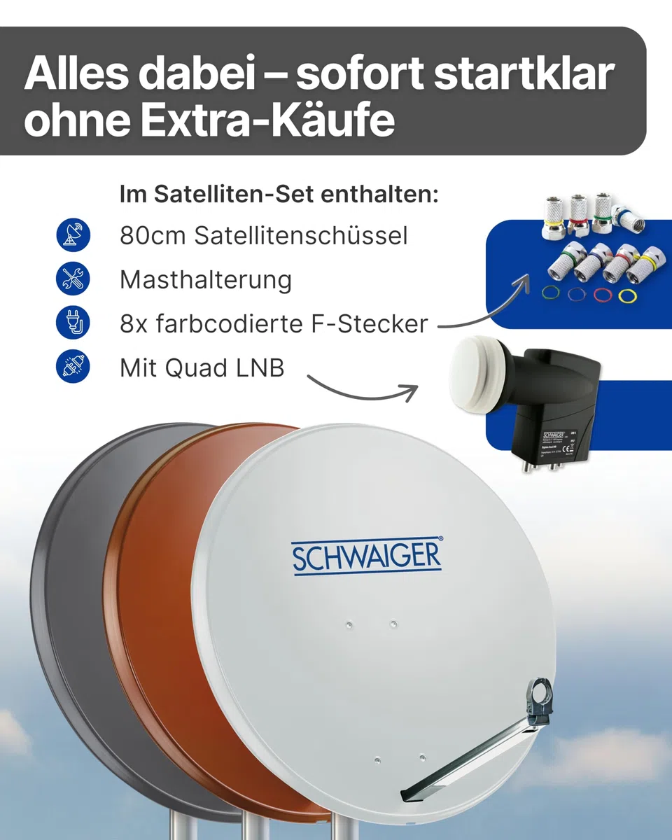 SCHWAIGER Satellitenschüssel Ø 80 cm Aluminium Offset Antenne Anthrazit Quad LNB 4-Fach Digital HD 4K Empfang wetterfest