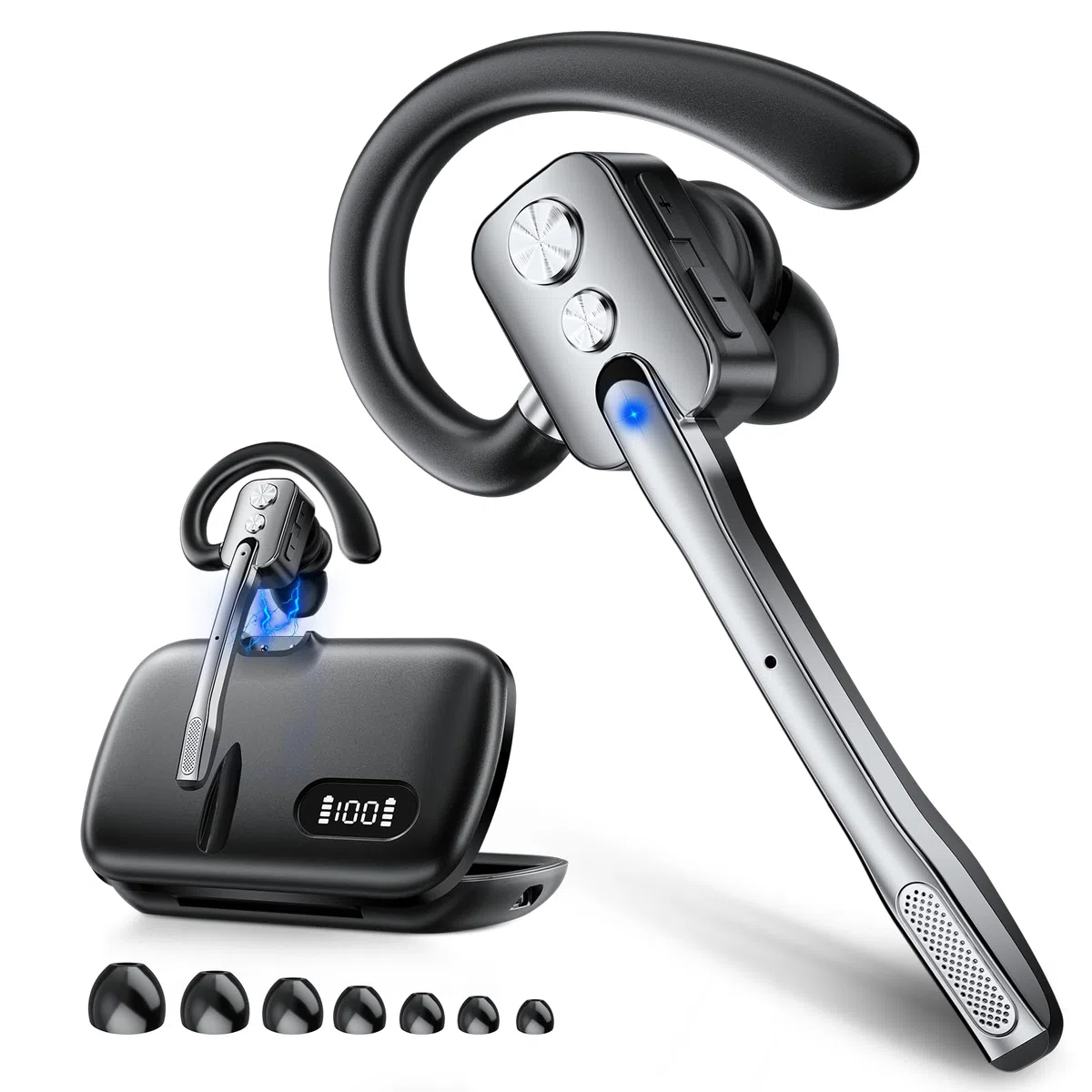 Bluetooth Headset V5.3 Wireless Freisprech Headset mit Dual Mic & Mute Funktion, 24h Spielzeit In Ear Kopfhörer für iOS Android