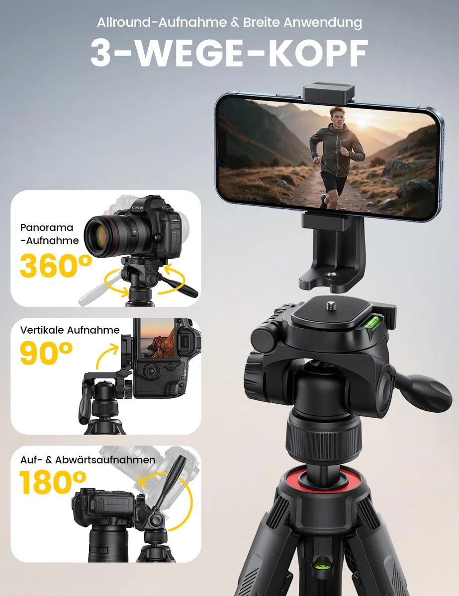Lamicall Stativ Kamera, Kamerastativ Tripod - [Patentierte Schnellöffnung] Super Stabiles Camera Tripod mit 8KG Tragkraft & 4-Stufige Höhenverstellung, 170cm Reisen Dreibein-Stative mit Handyhalterung