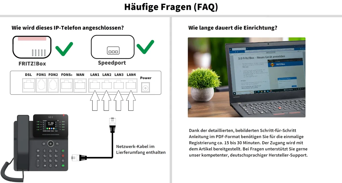 GEQUDIO GZ-2 IP Telefon VoIP mit Netzteil für FritzBox, Telekom Speedport | VoIP SIP Tischtelefon, Sipgate, Farbdisplay, Freisprechen, USB Schwarz