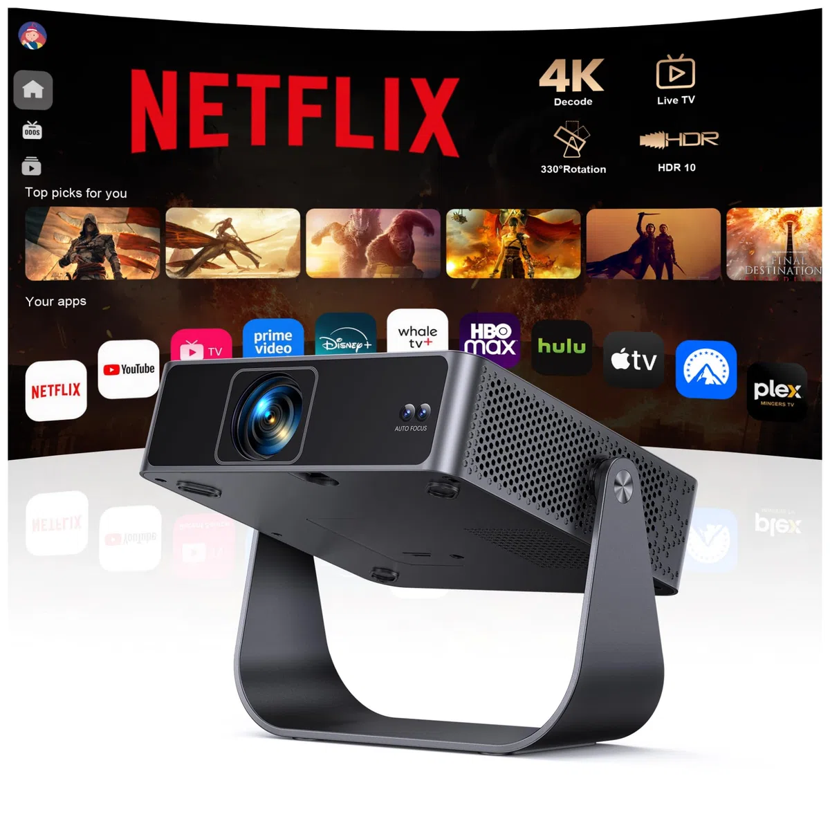 Mini Beamer 4K 1080P Full HD WiFi6 Bluetooth Autofokus 6D Trapezkorrektur 330° Drehbar Projektor für Handy