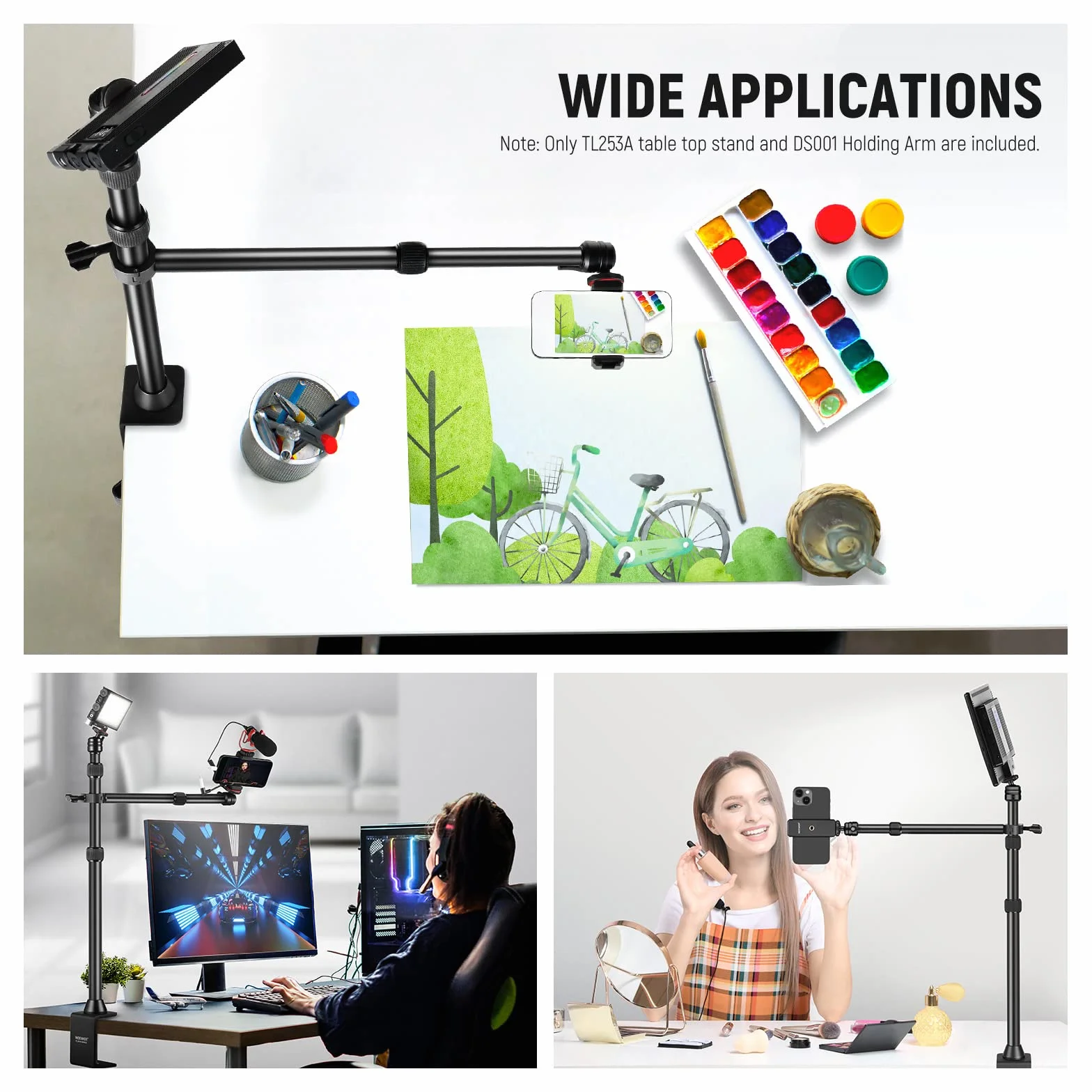 NEEWER Tisch Kamerastativ mit 2 Teleskopauslegern, Telefonhalter, Kugelköpfe, Schraubadapter, Tischleuchtenstativ für Kamera, Handy, Webcam, Ringlicht, TL253A+DS001