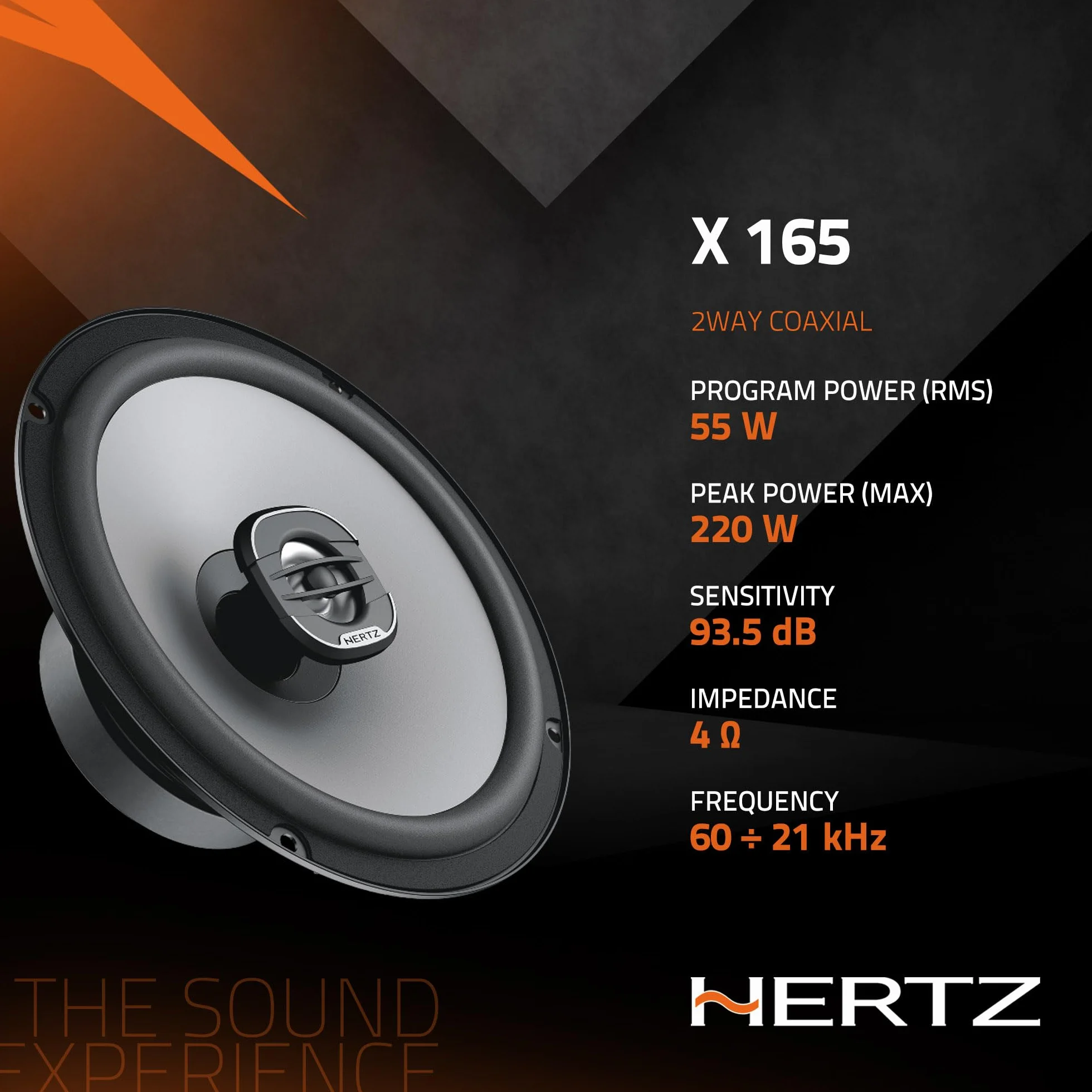 Hertz X 165 – Paar 2-Wege-Koaxiallautsprecher 165 mm, 220W Peak, 55W RMS, 4 Ohm, Wasserabweisende Presspapiermembran, 24 mm PEI-Hochtöner, einfache DIN-Installation