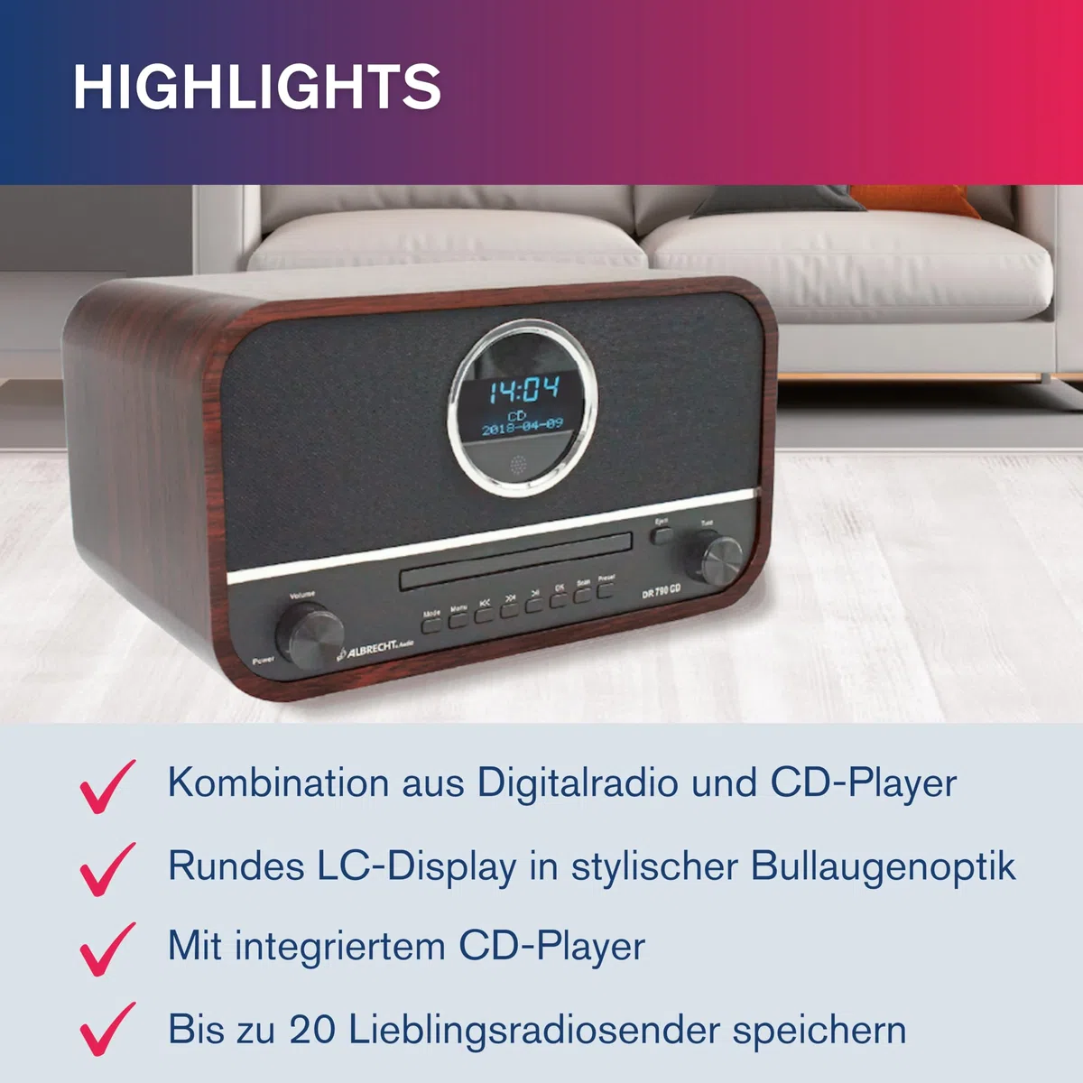 Albrecht DR 790 CD Digital-Radio DAB+ & UKW, multifunktional, CD-Player, Fernbedienung, Streaming & USB, Küchen-Radio, Holzgehäuse dunkelbraun