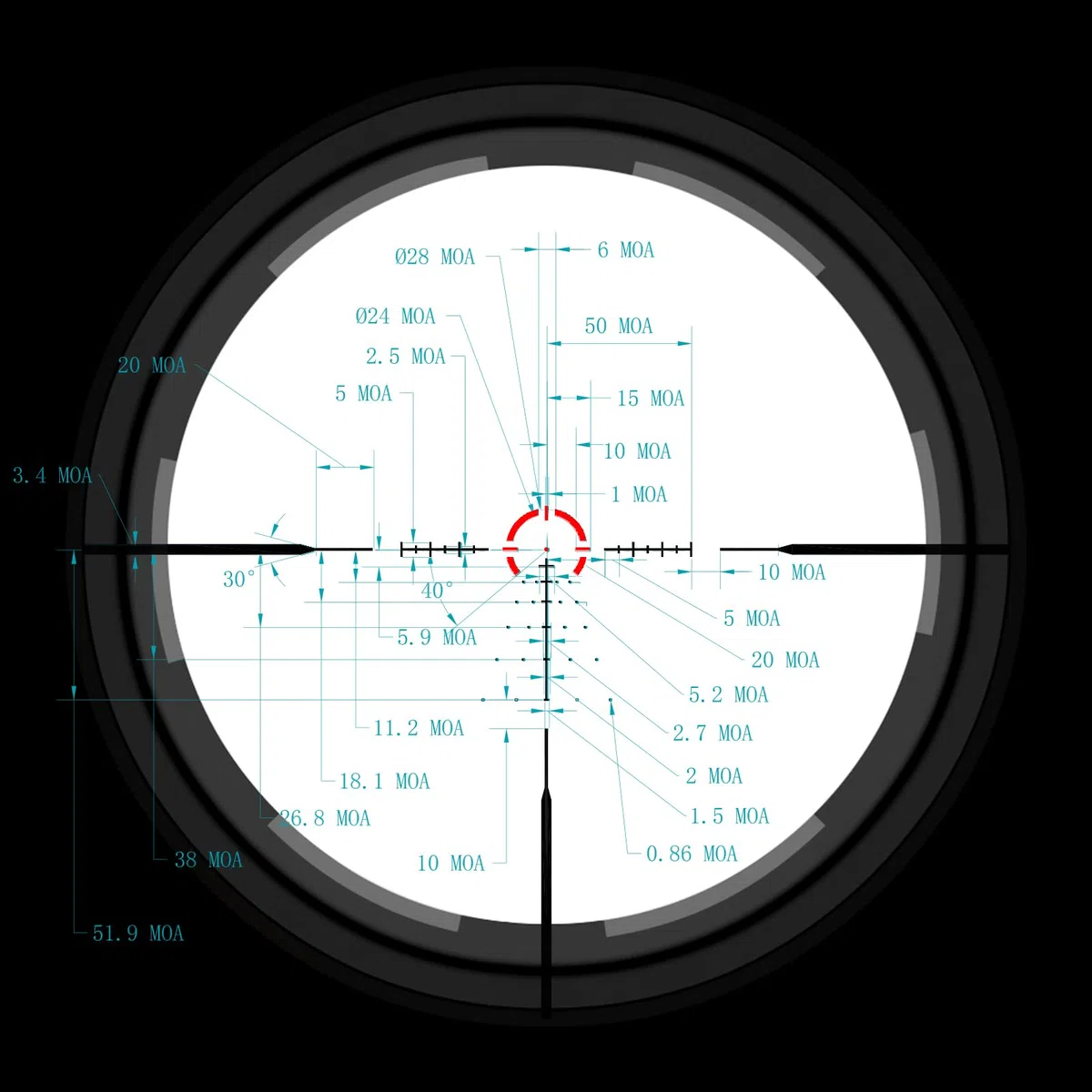 Paike 1.2-6x24 LPVO FFP Zielfernrohr, rot beleuchtetes BDC-Absehen, erste Bildebene, mit freitragender Montage