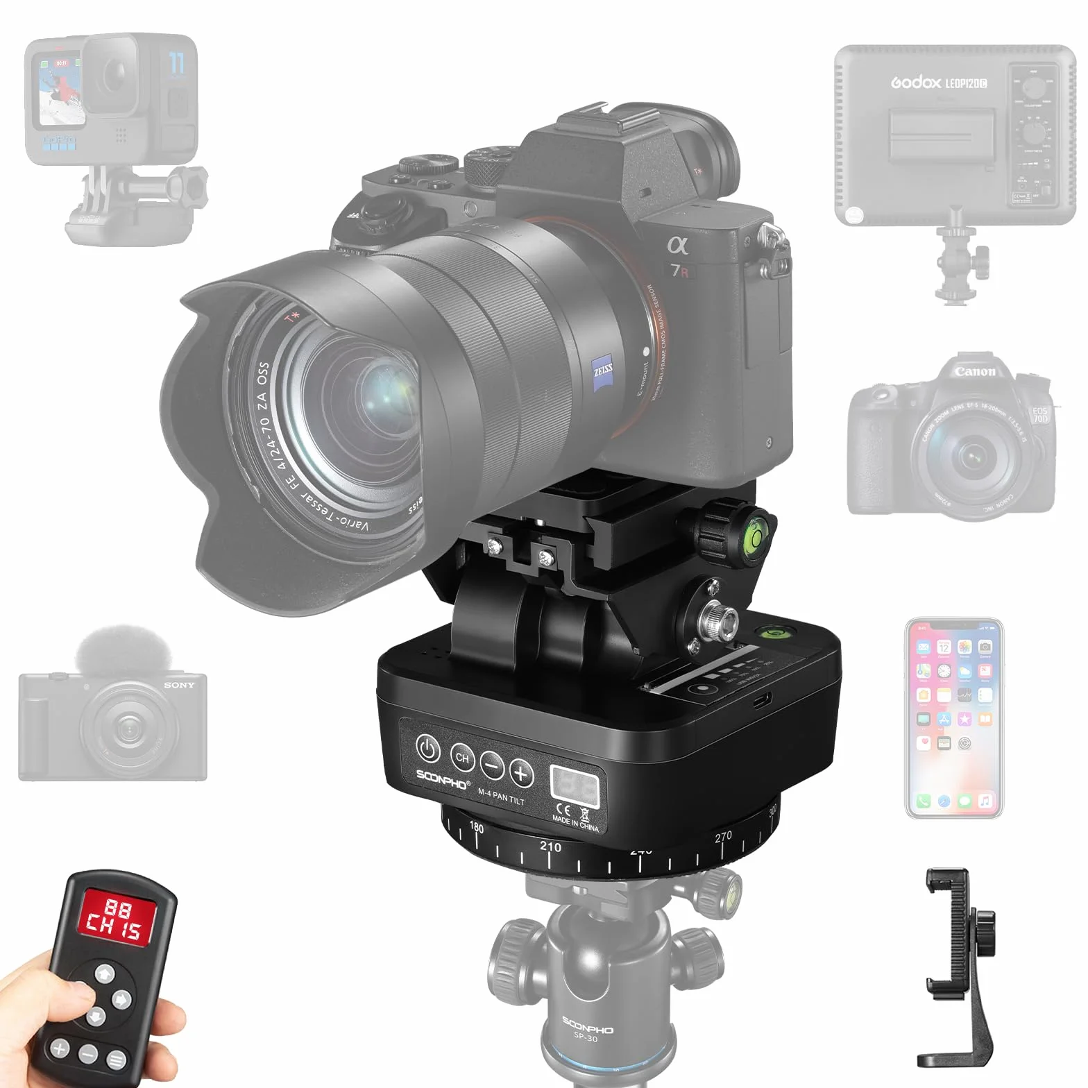 Soonpho M4 Panorama Stativkopf Motorisierter Kopf Kameras Remote Control Pan Tilt Motorized Head 360 Grad Erehbarer Elektrischer mit Telefonklemme und Fernbedienung für DSLR-Kameras,Smartphones