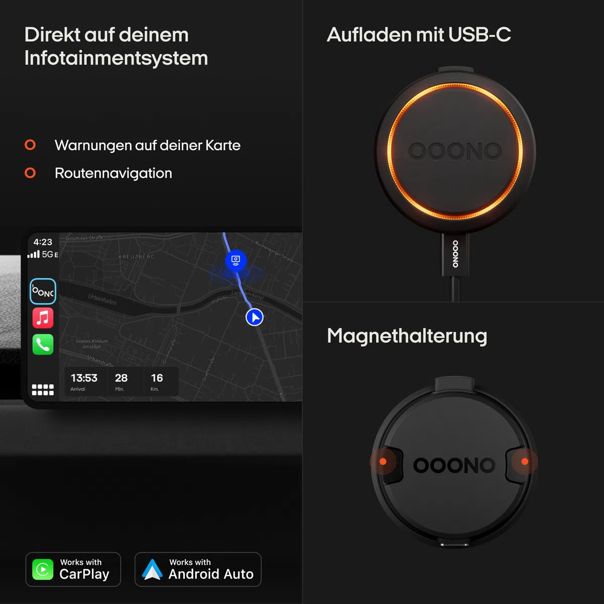 OOONO Co-Driver NO2 - Optimierter Co-Driver fürs Auto - Warnt vor Tempo-Kontrollen und Gefahrenstellen - Wiederaufladbar - LED-Anzeige - CarPlay & Android Auto kompatibel