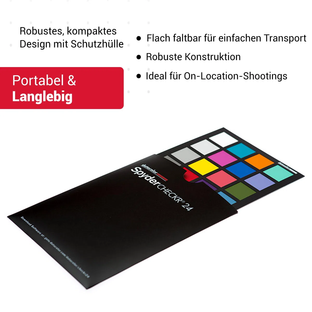 datacolor SpyderCheckr24: Farbkarte zur Kamerakalibrierung incl. Software zur Berechnung von Farbkorrektur-Presets. 24 Farbfelder sowie vollformatige Graukarte auf der Rückseite, schwarz